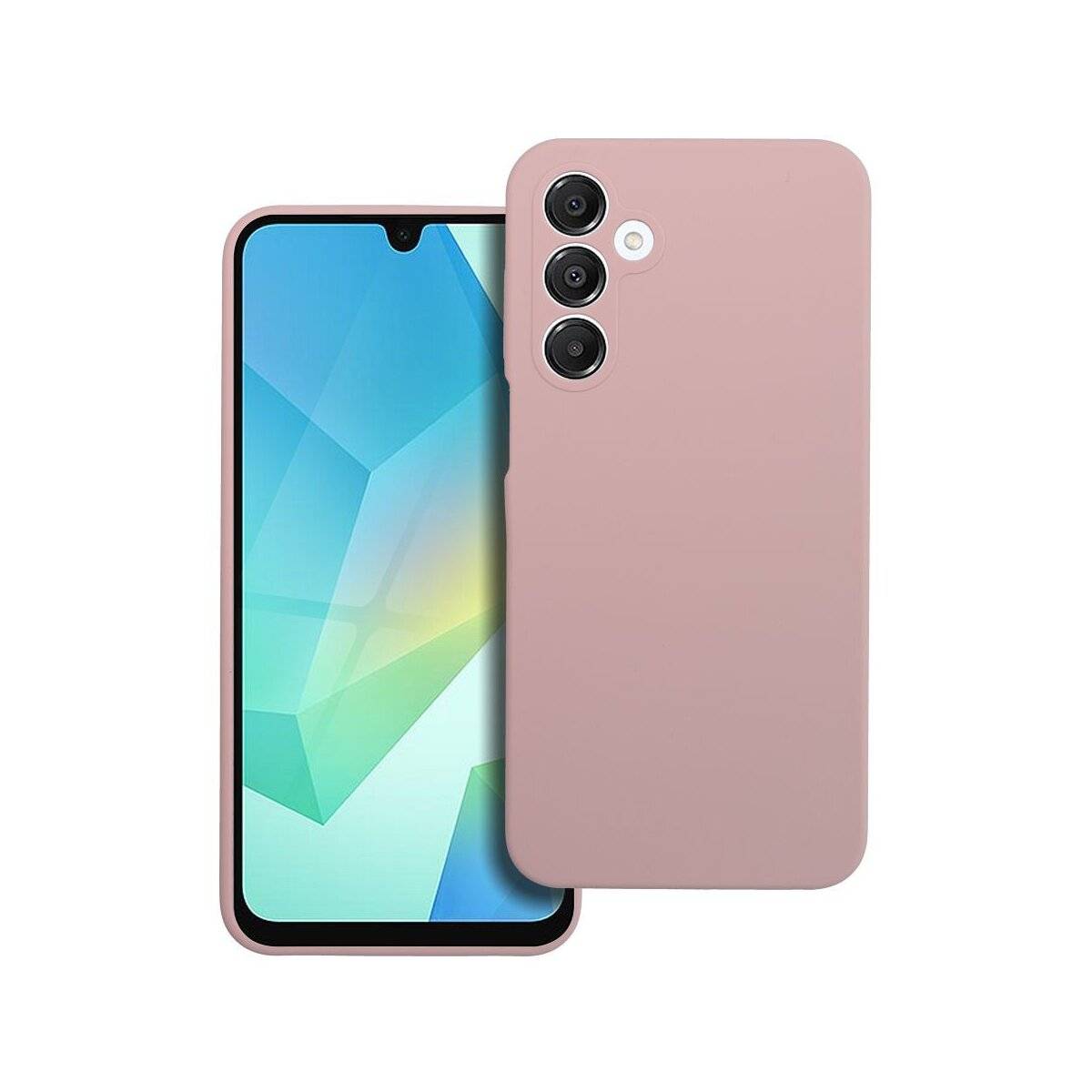 Smartphone mit einer geometrischen Hintergrundtapete, die auf dem Bildschirm angezeigt wird. Das Telefon steckt in einer rosa Schutzhülle mit drei rückwärtigen Kameras.