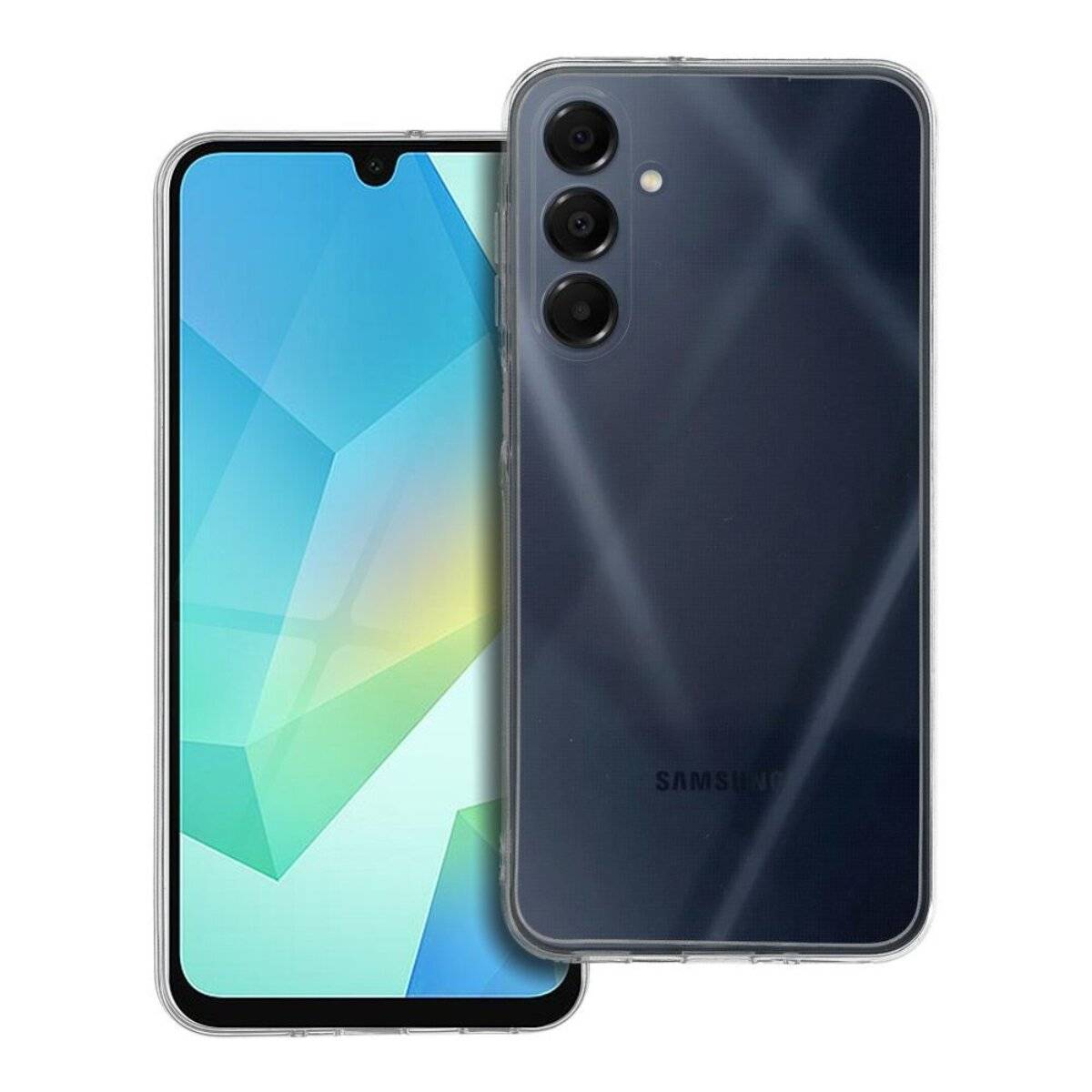 Ein schwarzes Smartphone mit einer transparenten Hülle, das auf dem Bildschirm ein buntes geometrisches Hintergrundbild anzeigt.