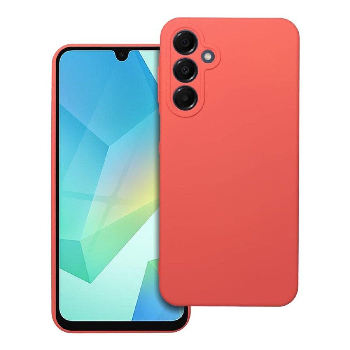 Ein Smartphone in einem roten Gehäuse, von vorne und hinten gezeigt. Der Bildschirm zeigt ein farbiges geometrisches Hintergrundbild. Auf der Rückseite befinden sich drei Kameraobjektive.