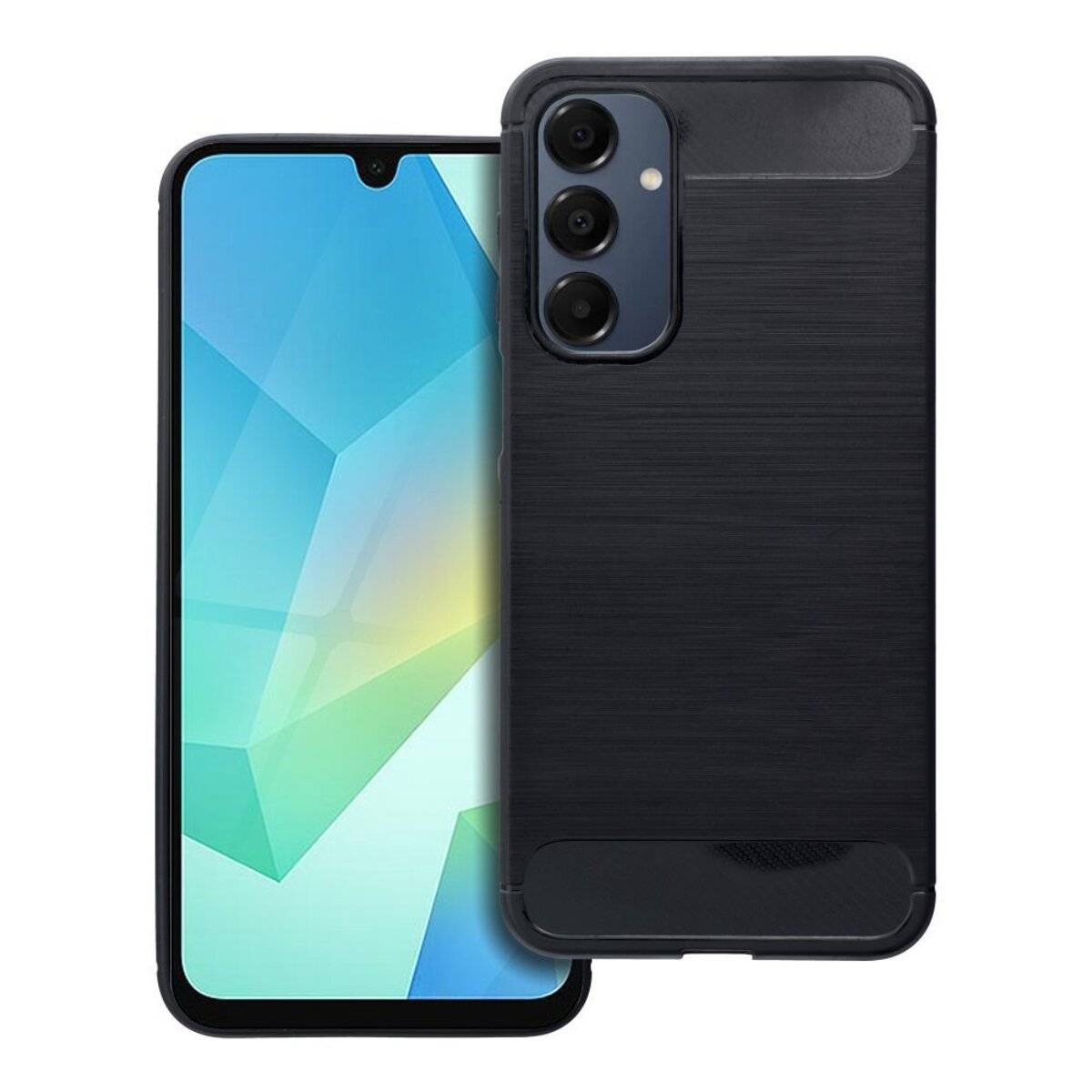 Ein Smartphone mit einer farbenfrohen geometrischen Tapete auf dem Bildschirm, teilweise von einer schwarzen Schutzhülle bedeckt.