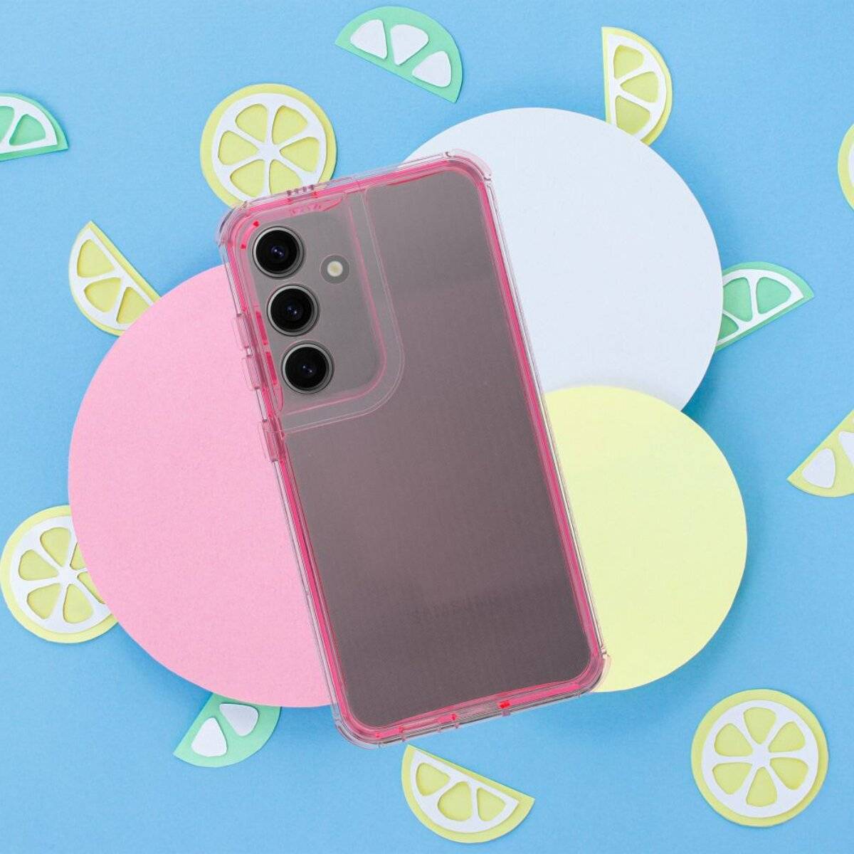 Ein transparentes rosa Handyhülle ruht auf einem Pastellhintergrund mit bunten Zitronenscheiben-Illustrationen und erzeugt eine frische, verspielte Atmosphäre.