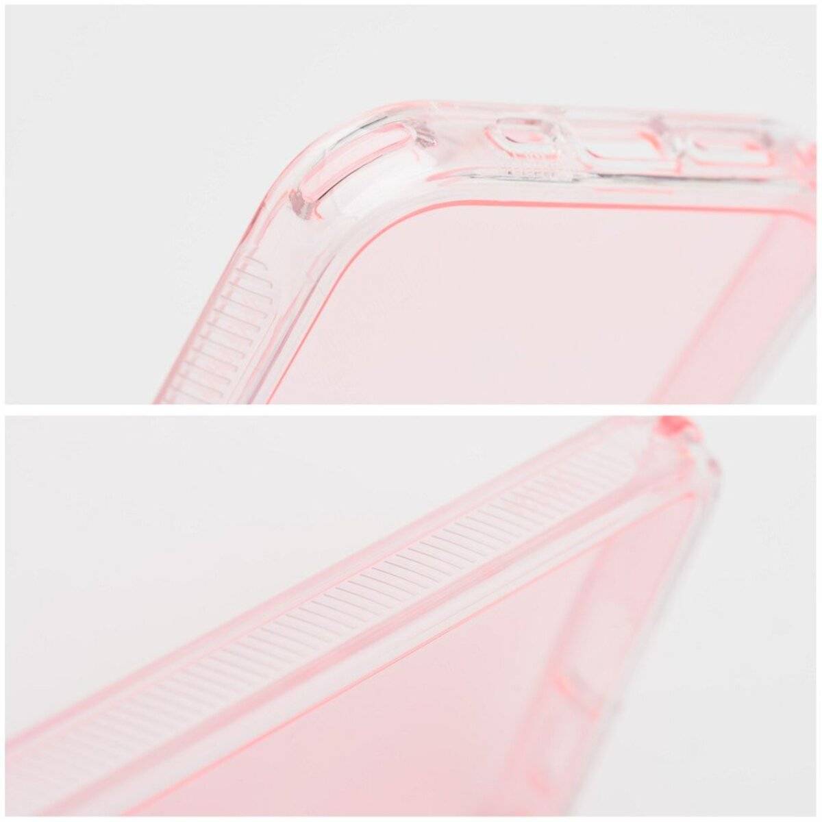 „Nahaufnahme einer transparenten rosa Handyhülle, die ihre Kantenstruktur und Eckdetails in zwei Ansichten zeigt.