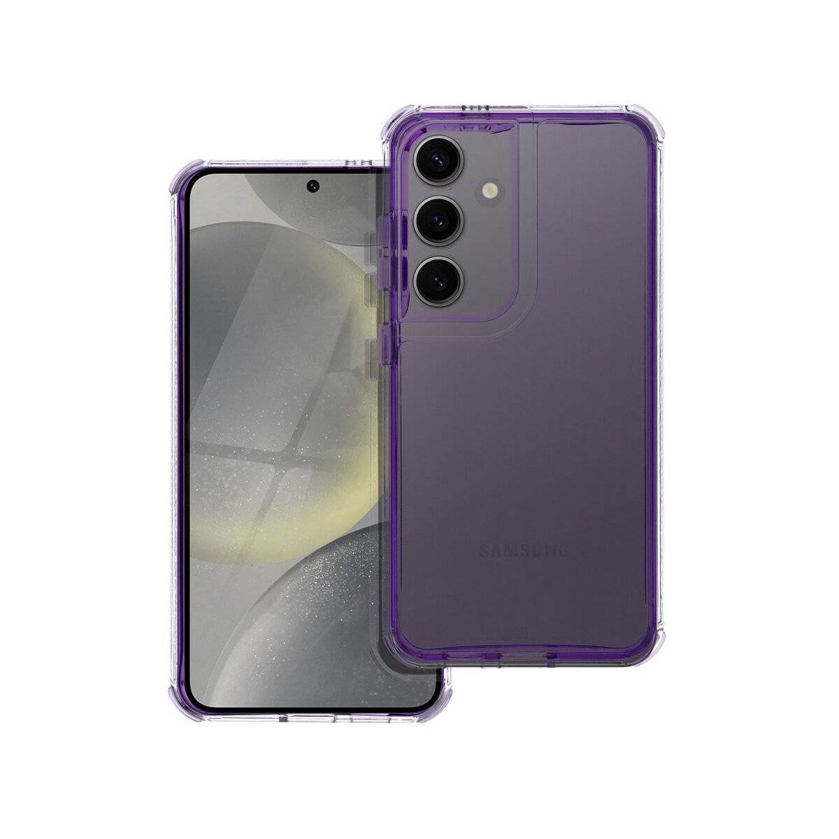 Ein Smartphone mit violettem Gehäuse, das drei Rückkameras und eine Frontkamera aufweist, gezeigt von vorne und von hinten.