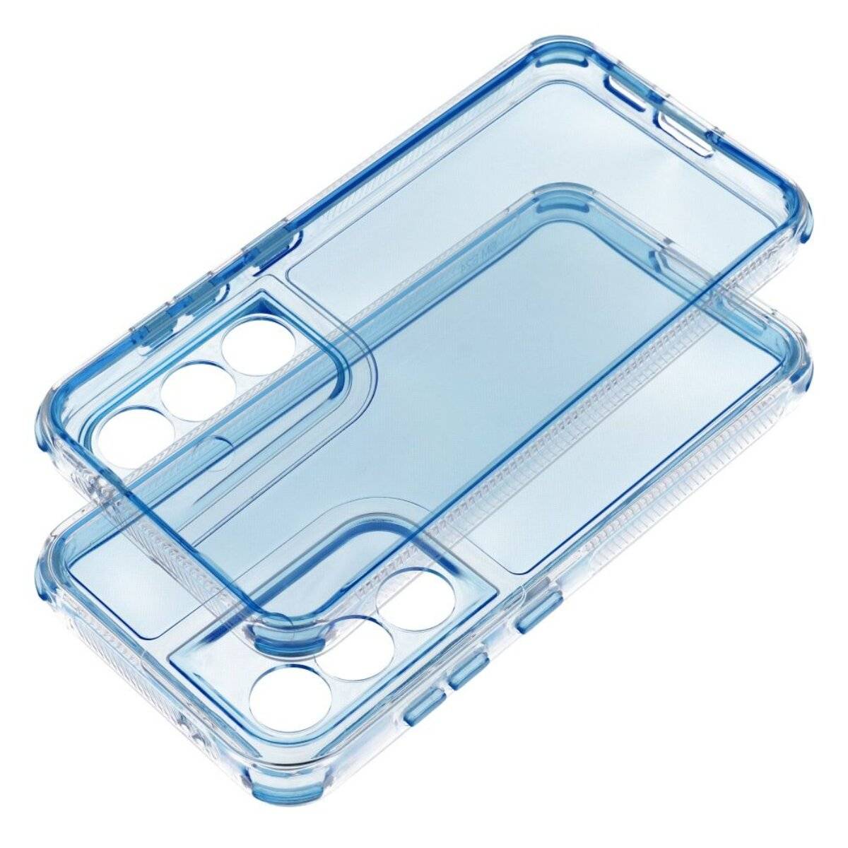 Transparente blaue Smartphone-Hülle mit doppelter Schutzschicht, mit Ausschnitten für Kamera und Tasten, speziell für eine elegante Passform ausgelegt.