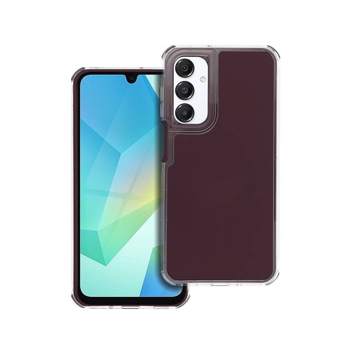 Mobiltelefon mit buntem geometrischem Hintergrundbild und Drei-Kamera-Setup, teilweise bedeckt durch eine transparente Schutzhülle mit bordeauxroter Rückseite.