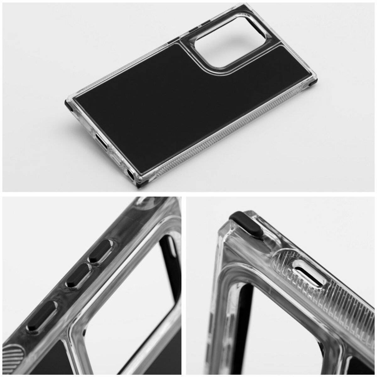 Ein transparentes Handyhülle mit schwarzem Rand hat präzise Ausschnitte für Kamera und Tasten und zeigt damit Protection und Zugangsdesign.