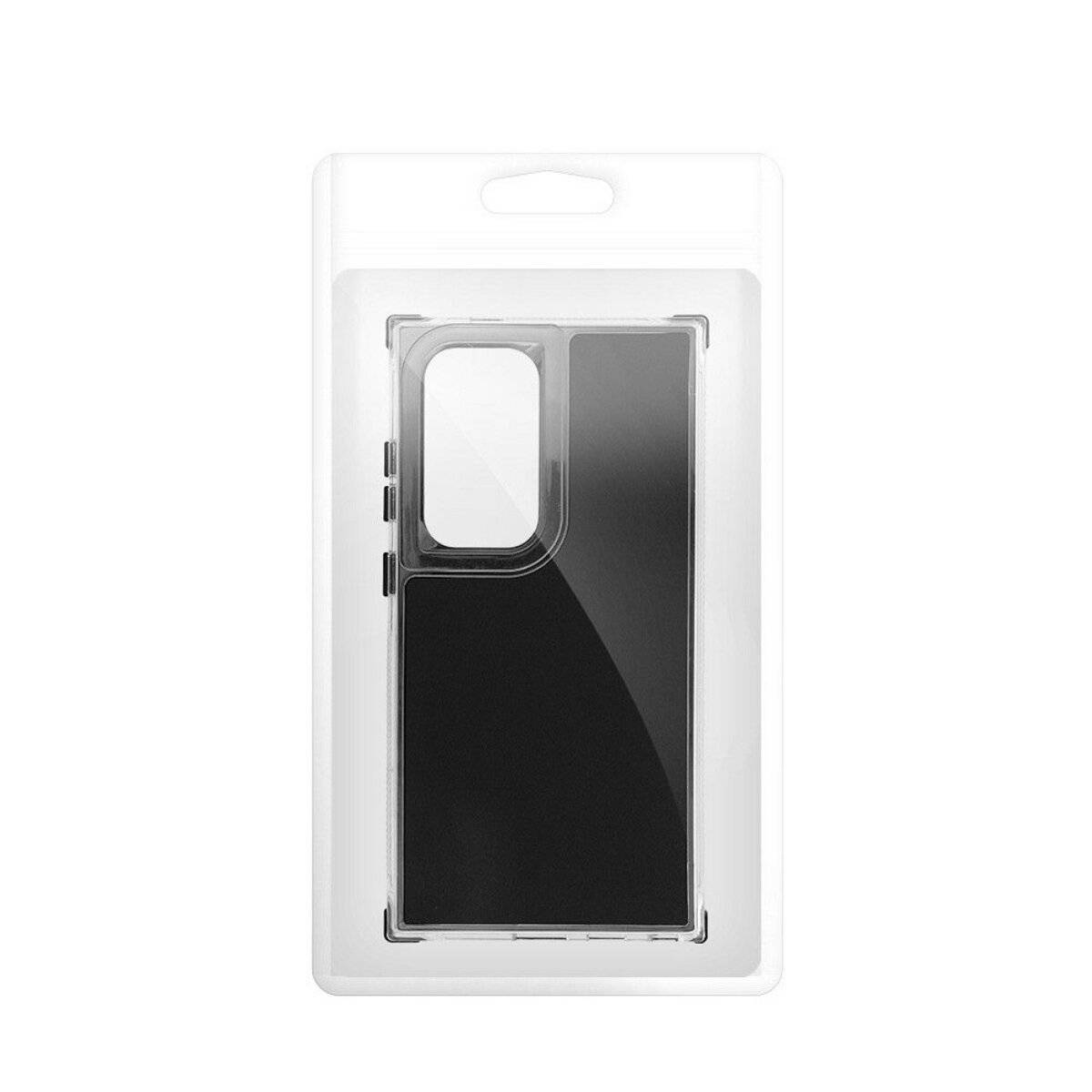 Transparente Handyhülle in Verpackung, entwickelt für ein Smartphone mit mehreren Kameraobjektiven. Die Hülle ist transparent mit schwarzem Akzent.