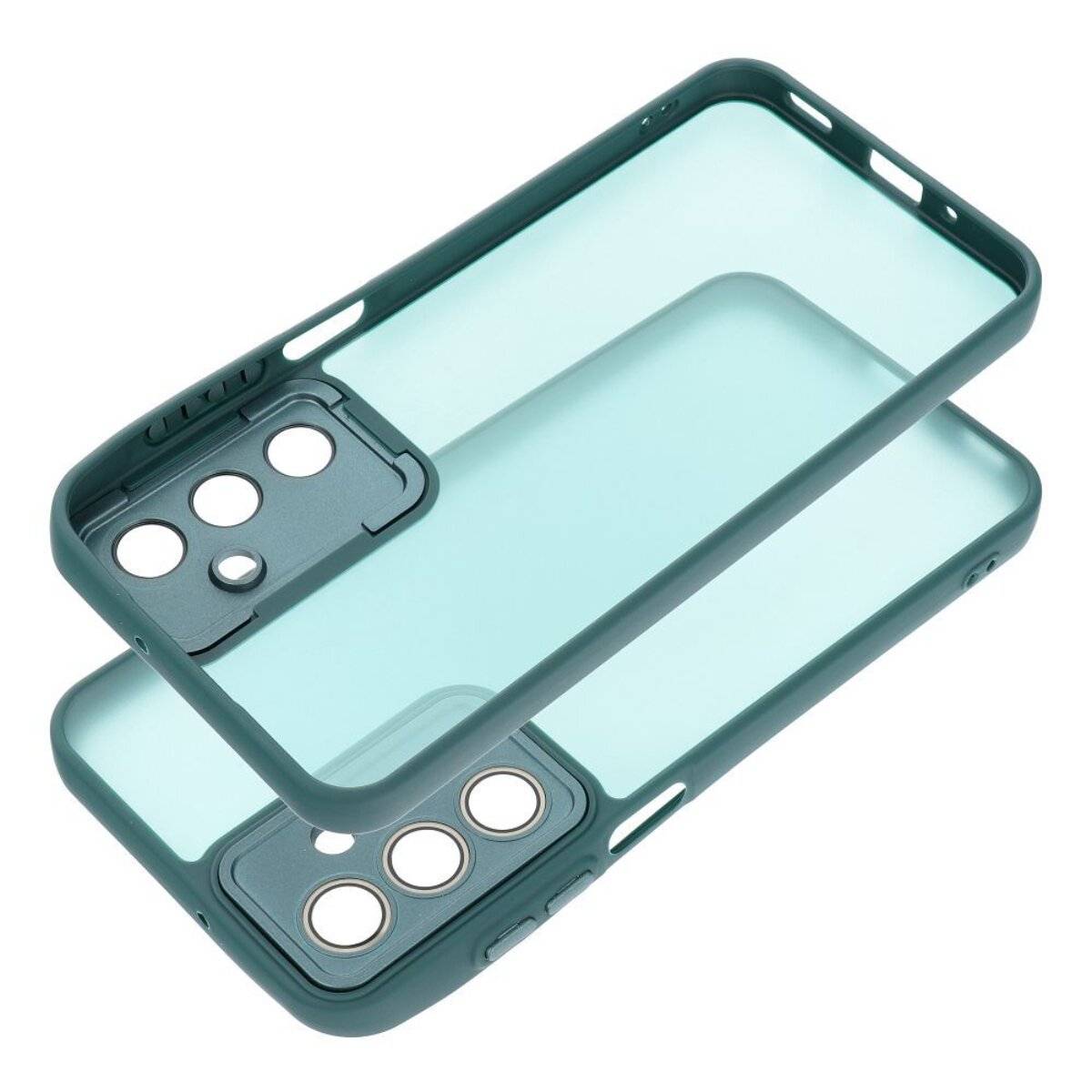 Eine grüne Handyhülle für ein Smartphone mit präzisen Aussparungen für die Kamera und Tasten.