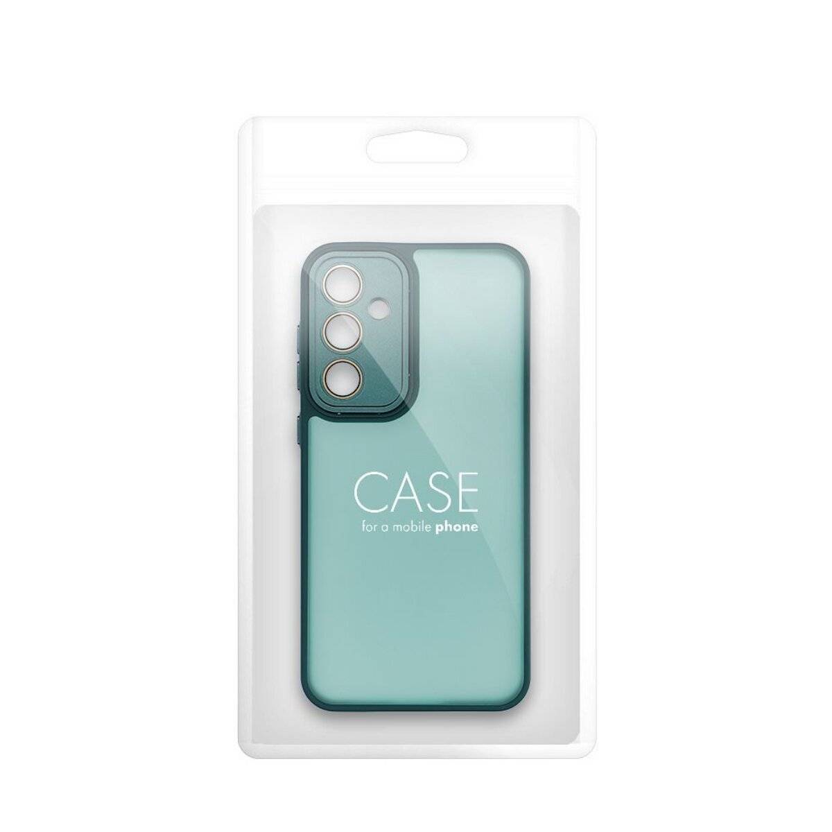 Aquablaufarbendes Handyhüllen-Etui in Verpackung mit drei Aussparungen für rückwärtige Kameras. Text auf der Hülle lautet „HÜLLE für ein Mobiltelefon.