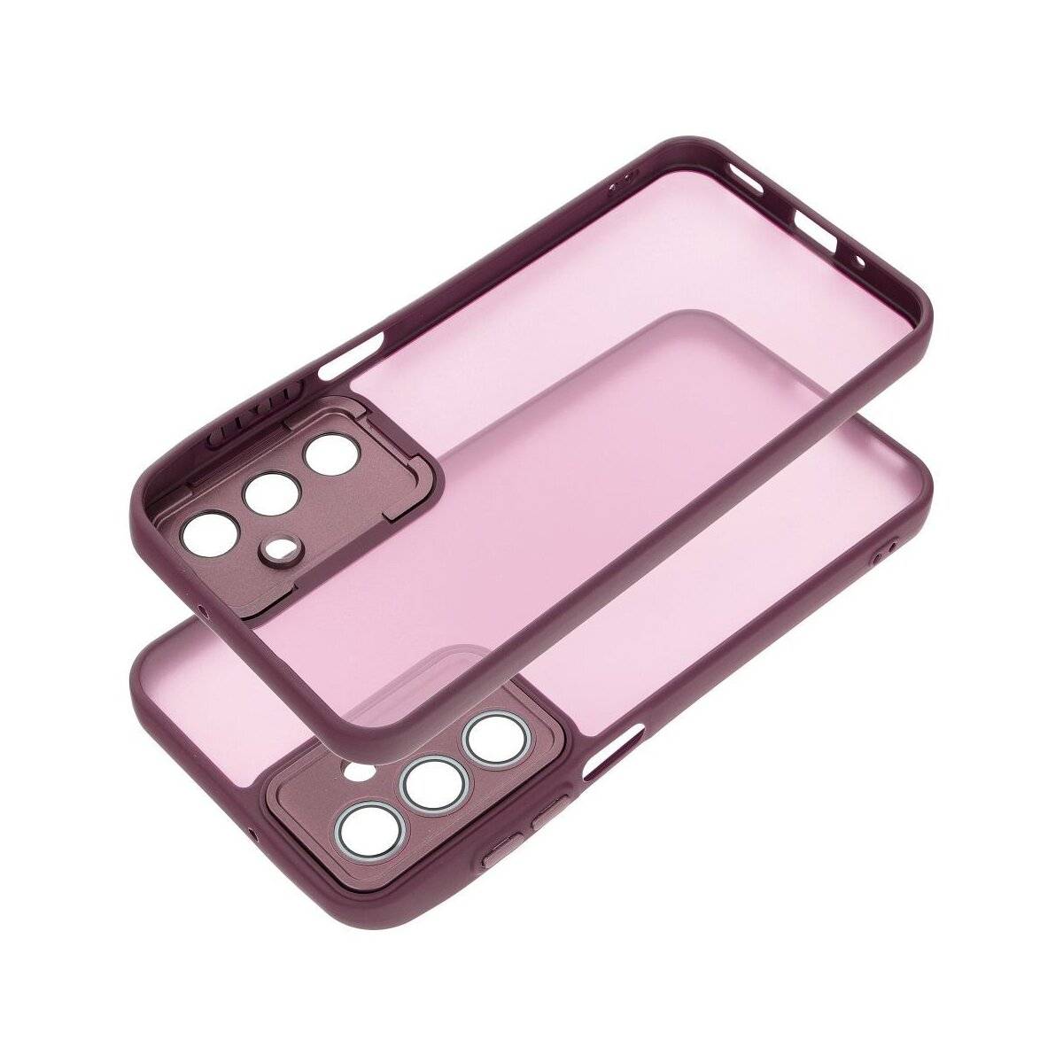 Eine transparente Handyhülle mit violettem Rand und Öffnungen für Kameras und Tasten, entwickelt für ein Smartphone mit Mehrfachlinsen-Kamerasystem.