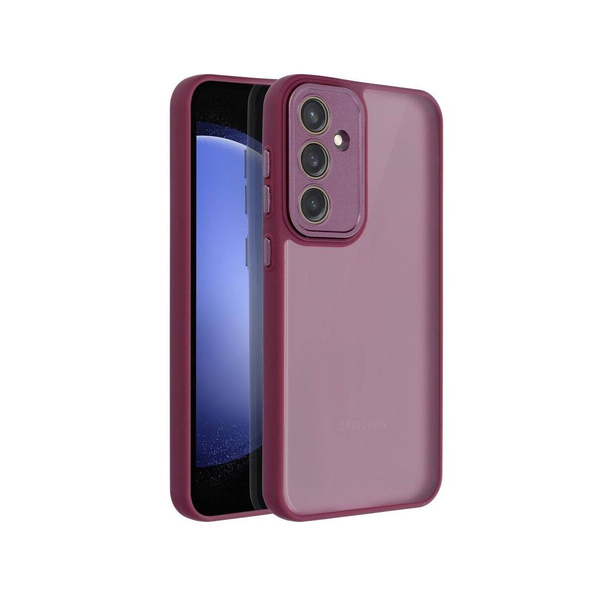 Ein Smartphone mit einer lila Schutzhülle, das drei hintere Kameraobjektive aufweist und einen sichtbaren Bildschirm mit blauem abstraktem Design zeigt.