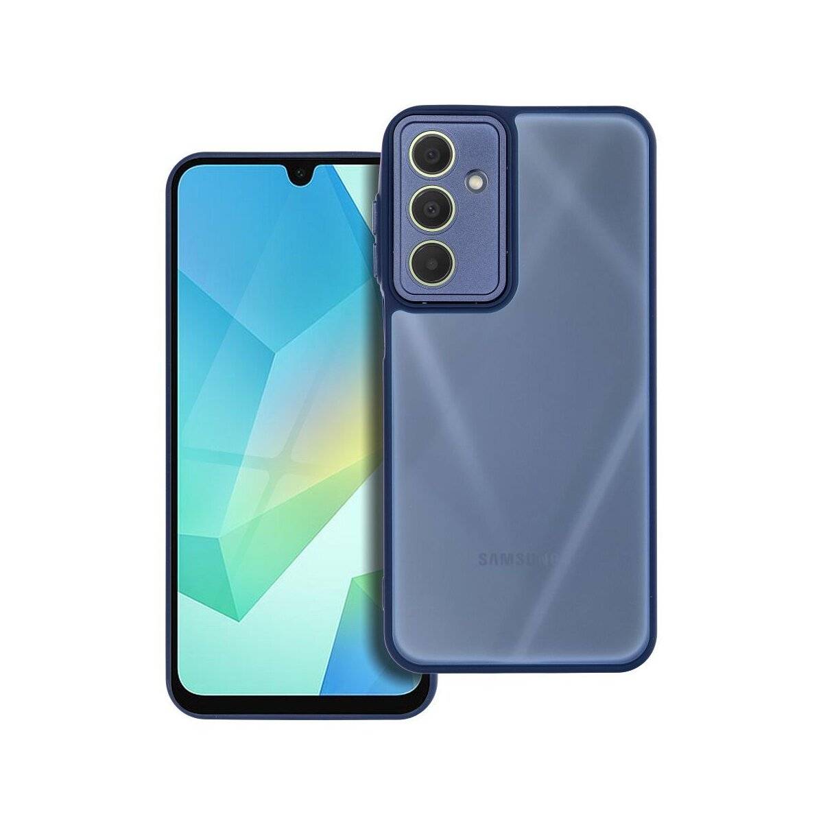 Ein Smartphone mit großem Bildschirm, auf dem ein farbiges geometrisches Muster angezeigt wird, neben einer dunkelblauuen Schutzhülle mit drei Kameraobjektiven.