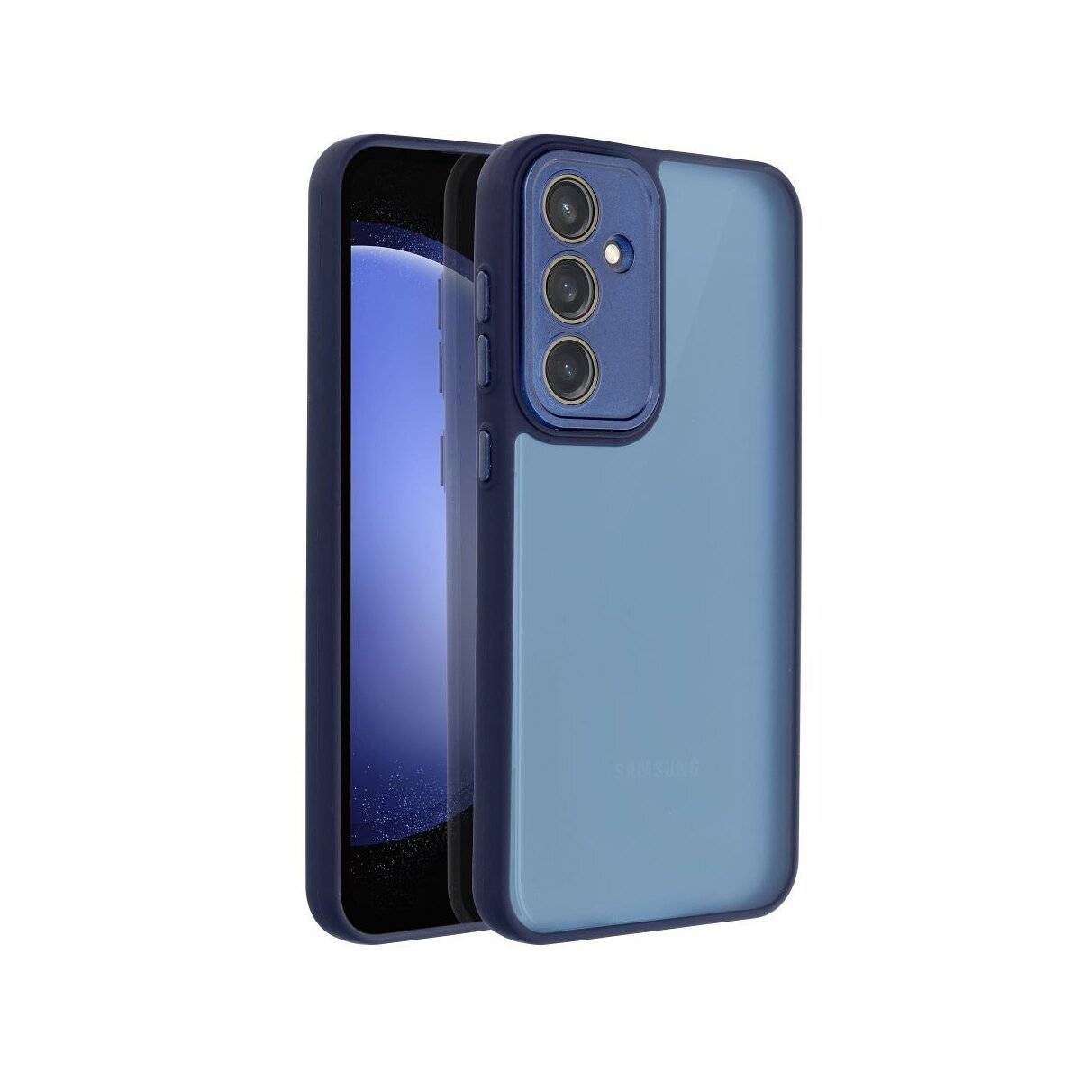 Ein Smartphone mit blauem Gehäuse, das drei rückseitige Kameras und einen reflektierenden Bildschirm zeigt, im Winkel angeordnet, um sowohl die Rück- als auch die Vorderansicht zu präsentieren.