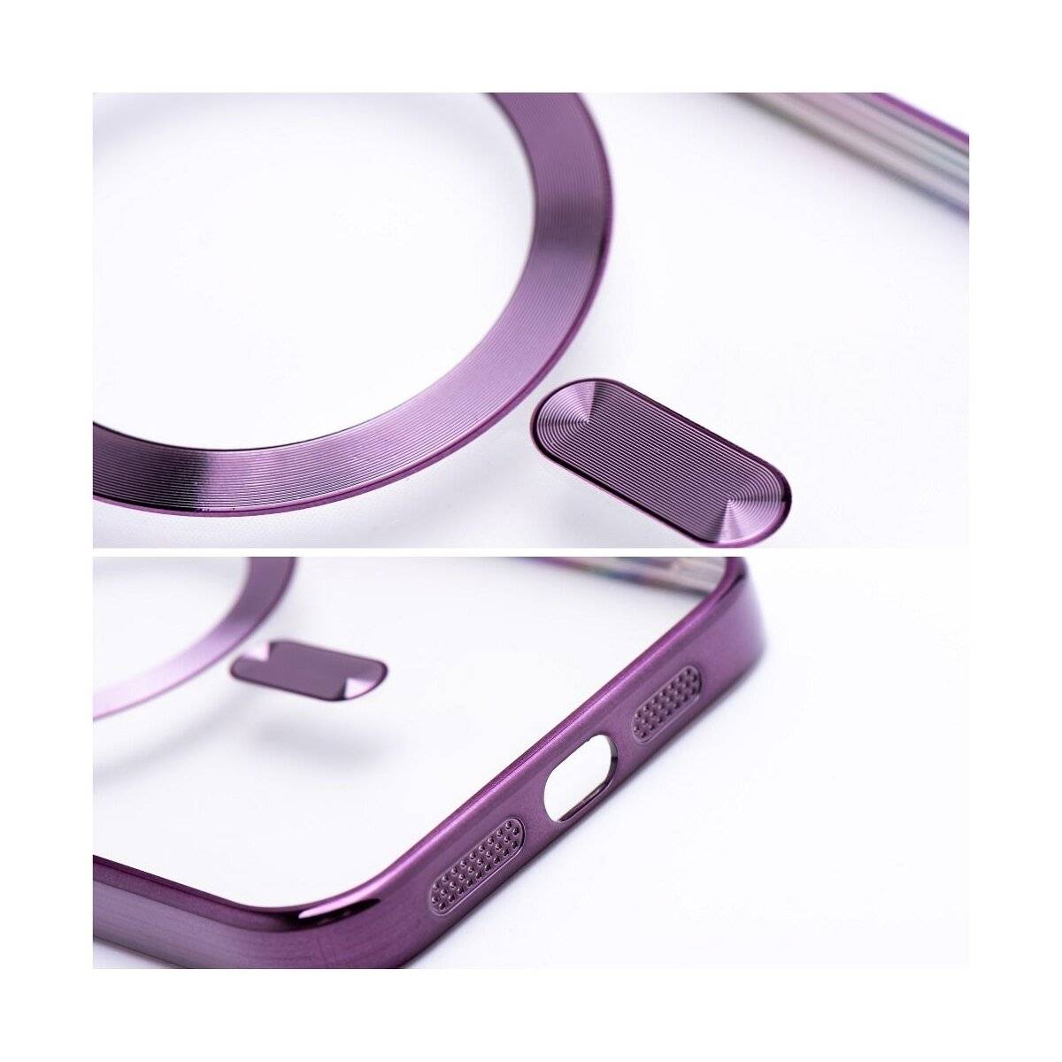 Violetter metallischer Rahmen und Tastaturkomponenten für ein Smartphone mit schlankem Design. Die Komponenten umfassen einen Kamerating und eine Lautstärketaste.