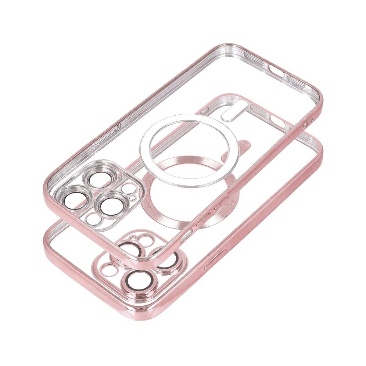 Ein Paar Handyhüllen mit rosegoldfarbenen Kanten und kreisförmigen Aussparungen für die Kamera und den Fingerabdrucksensor, die sich überlappend übereinander angeordnet sind.