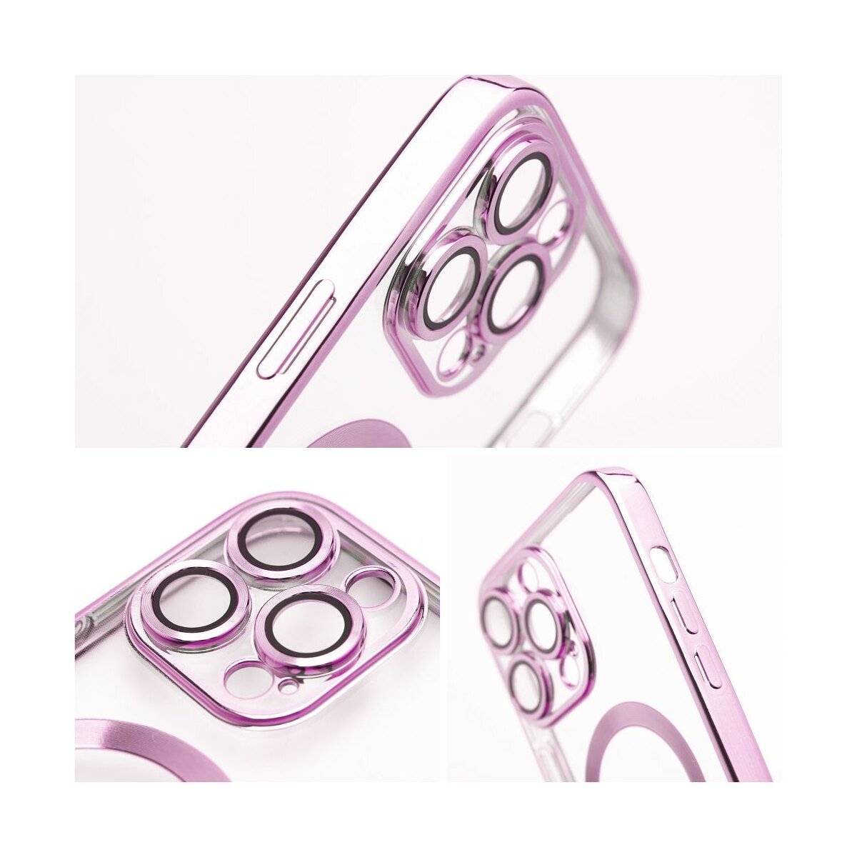Durchsichtige Handyhülle mit rosa Einfassung für ein Smartphone, mit hervortretenden Öffnungen für die Kameraobjektive und Seitentasten.