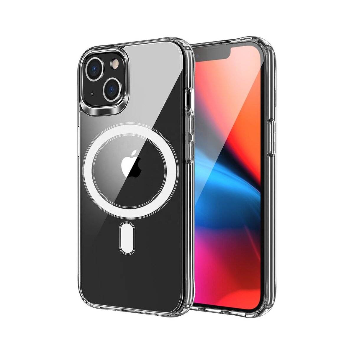 Ein Smartphone in lebendiger Anzeige mit einer durchsichtigen Schutzhülle, die einen kreisförmigen MagSafe-Ring und das Apple-Logo auf der Rückseite zeigt.