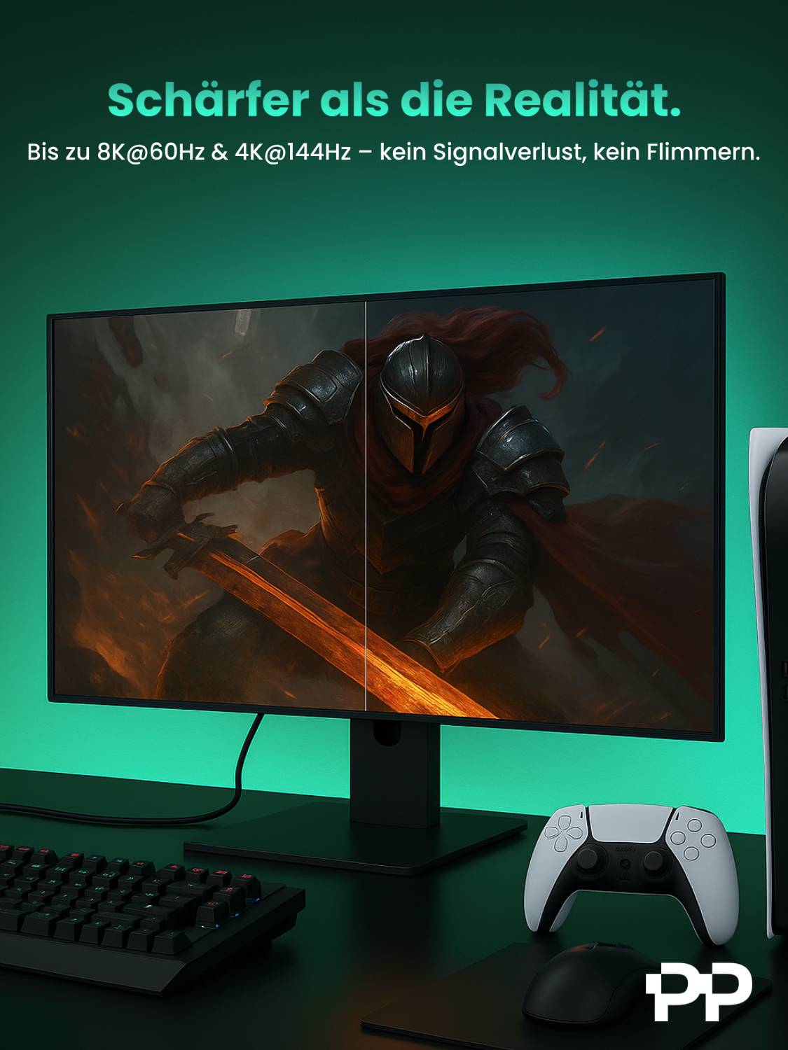 Ein Gaming-Monitor zeigt einen geteilten Bildschirm mit einem dunkel gekleideten Ritter, der ein leuchtend orange glühendes Schwert schwingt, und einen Controller in der Nähe.