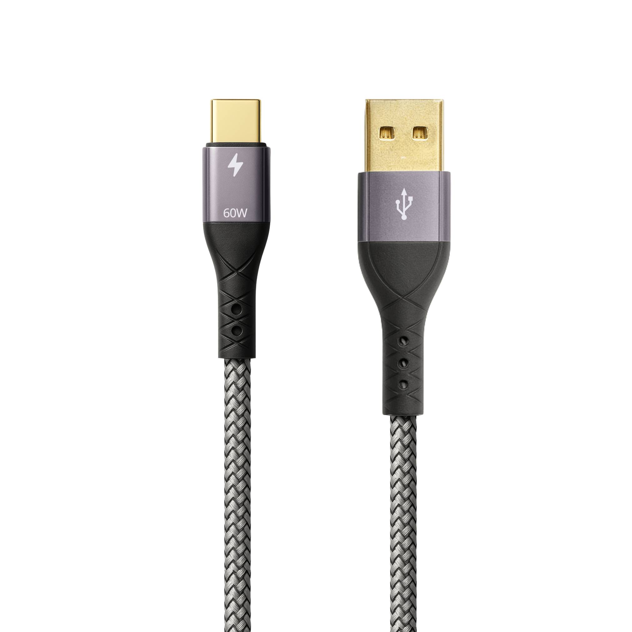 Ein USB-zu-USB-C-Kabel mit 60-W-Leistungskapazität, mit schwarzem geflochtenem Design und metallischen Anschlüssen. Geeignet zum Laden und zur Datenübertragung.