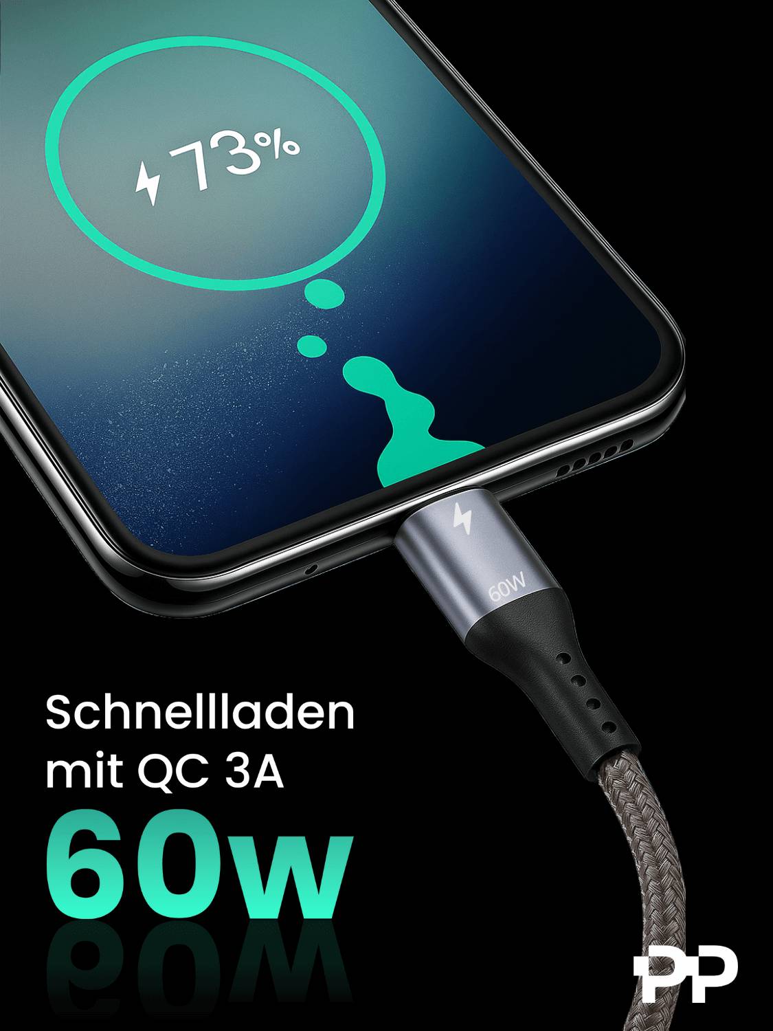 Ein Smartphone zeigt ein Batteriesymbol mit „73 %