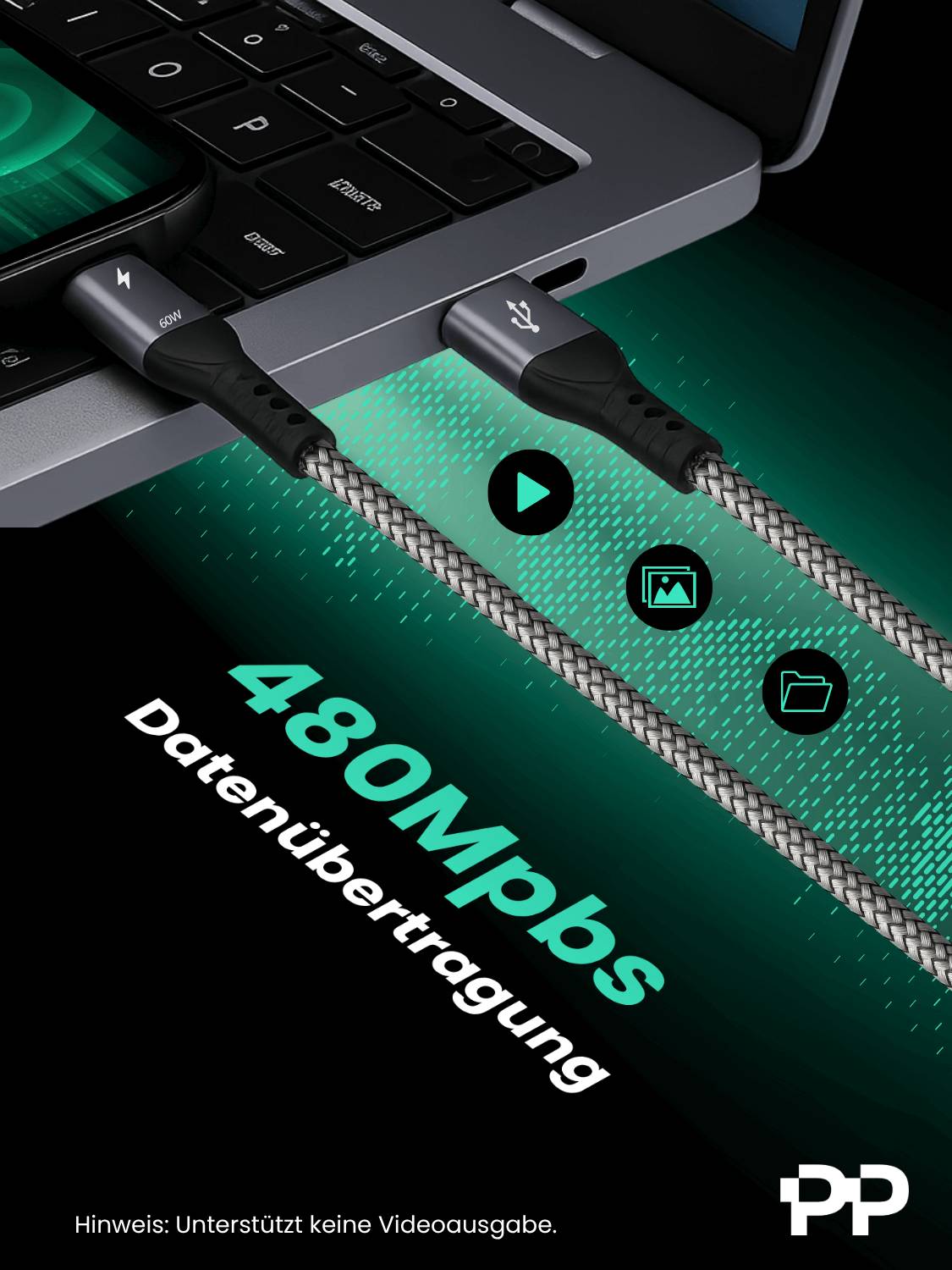 „Nylon-USB-Kabel, das mit einem Laptop für 480Mbps-Datenübertragung verbunden ist.