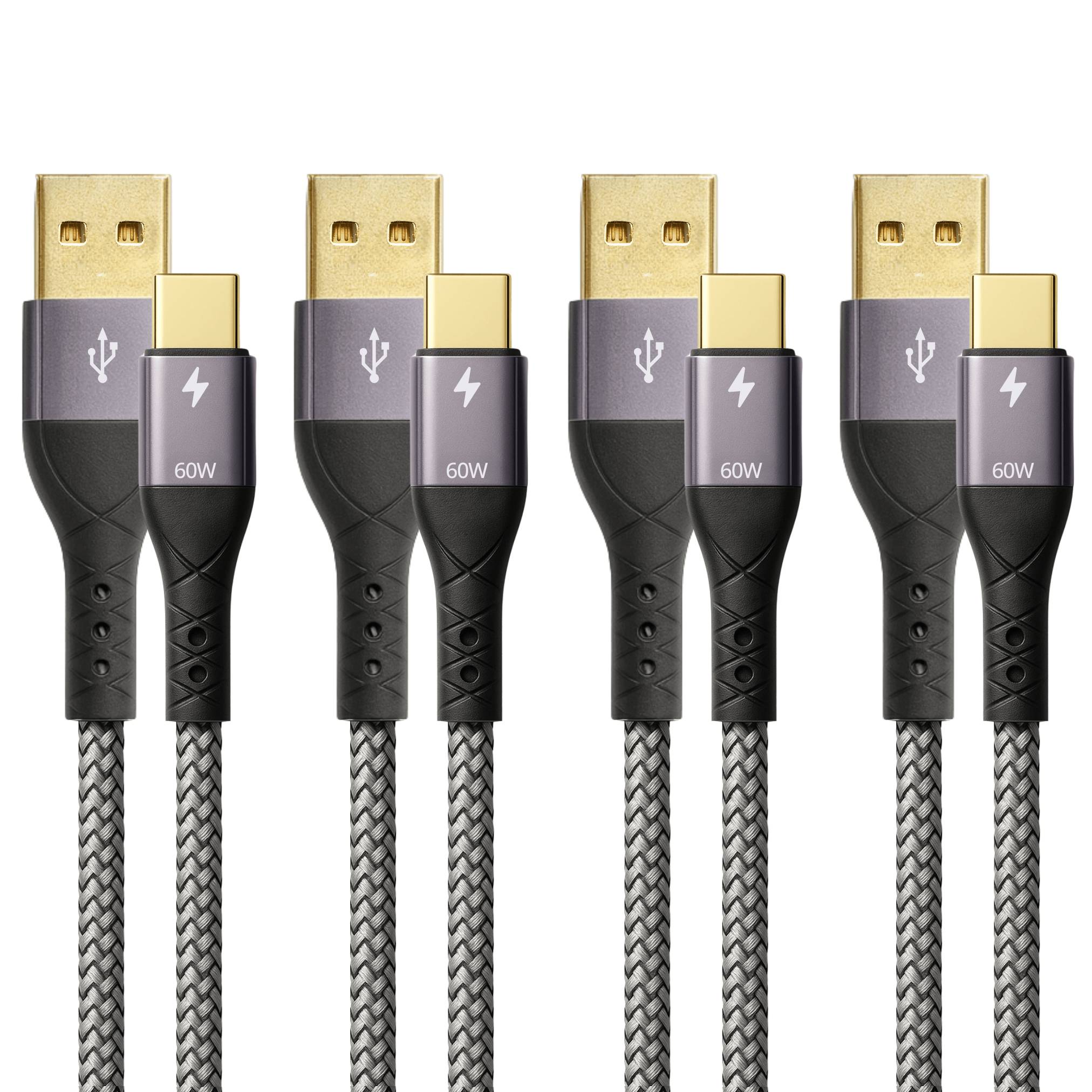 Drei geflochtene USB-C-zu-USB-A-Kabel, jeweils mit metallischen Steckverbindern, entwickelt für Hochgeschwindigkeitsdatenübertragung und Laden.