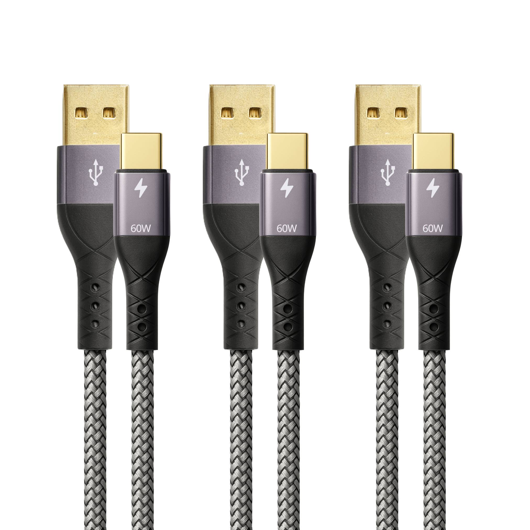Zwei USB-A-auf-USB-C-Kabel mit geflochtenen Ummantelungen, vergoldeten Steckern und „60W