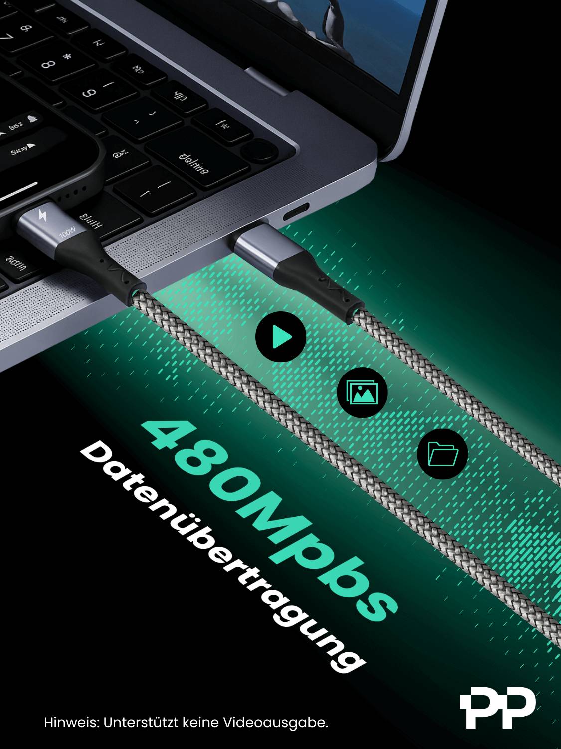 Ein geflochtenes Kabel ist mit einem Laptop verbunden, mit Symbolen, die seine Multifunktionalität zeigen. Der Text besagt „480 Mbps Datenübertragung