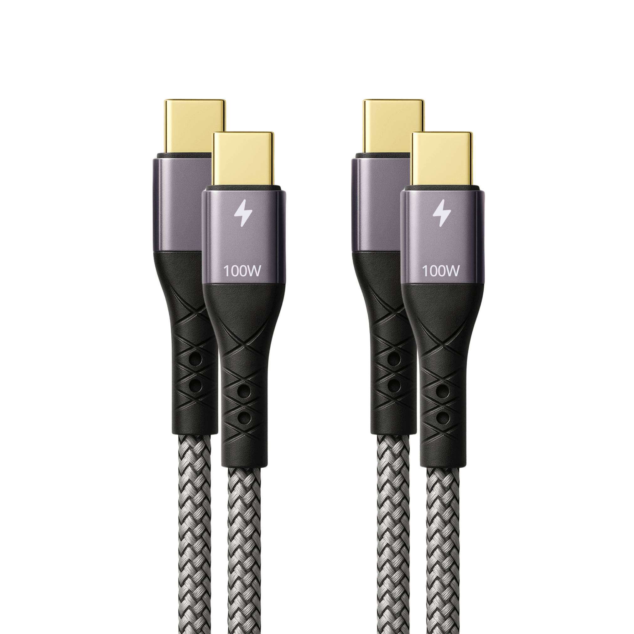 Vier geflochtene USB-C-Kabel mit vergoldeten Steckern, jedes mit der Aufschrift „100W