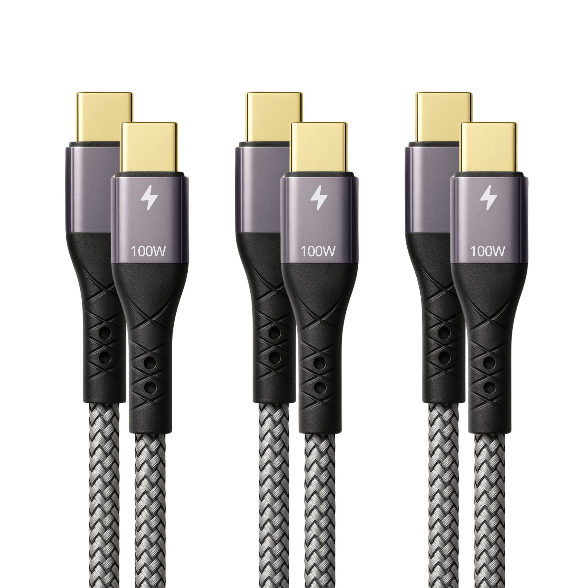 Vier identische USB-C-Kabel mit der Bezeichnung „100W