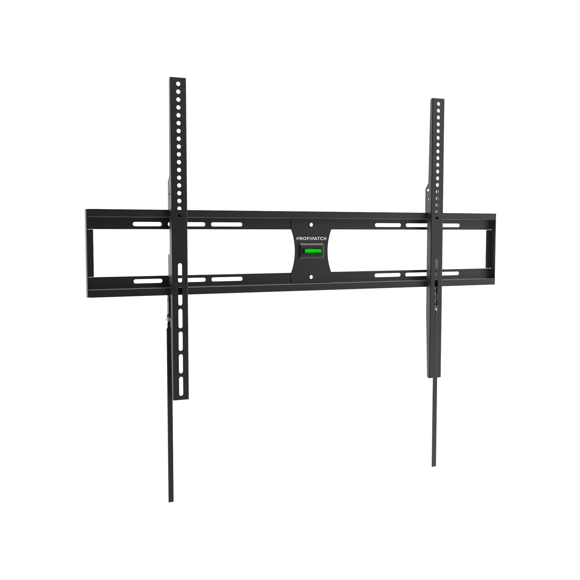 Eine schwarze TV-Wandhalterung mit verstellbaren Vertikalschienen, die zum sicheren Halten von Flachbildfernsehern an der Wand ausgelegt ist.