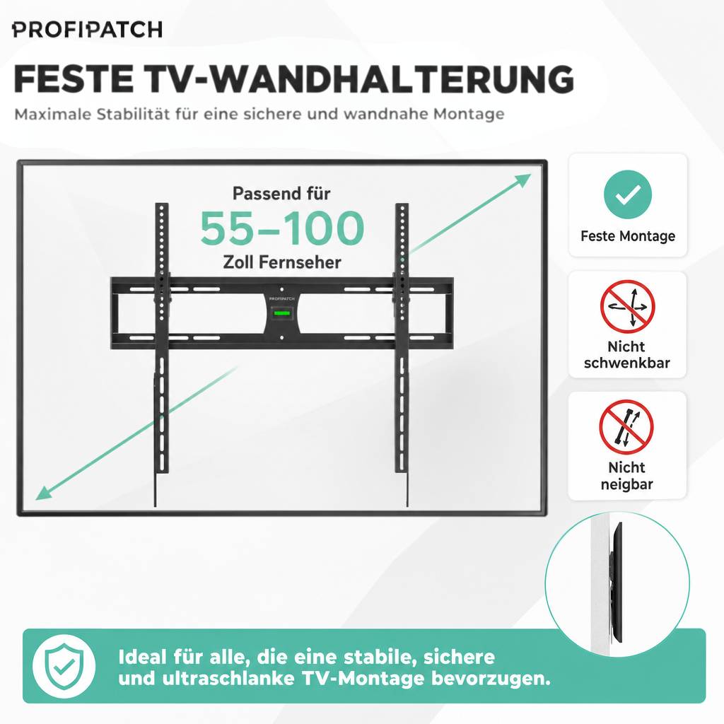 ProfiPatch TV Wandhalterung Fernseher Ultraslim für 55-100 Zoll, Fernseher Halterung feste Montage max. Vesa 900x600mm, TV Halterung bis 60kg