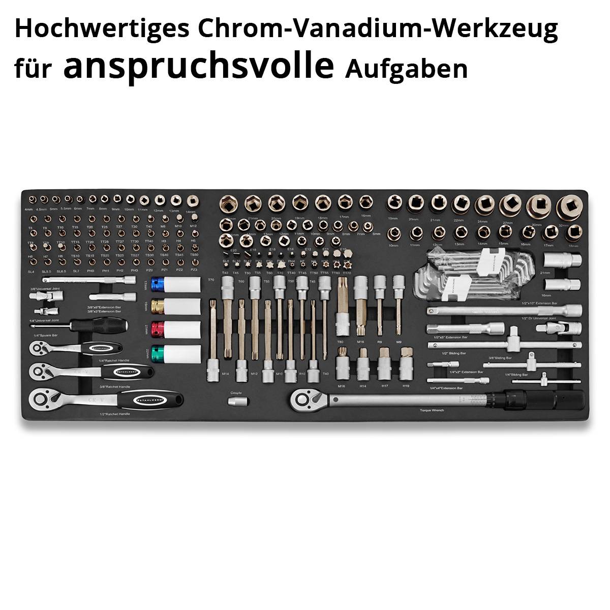 Ein Set aus Chrom-Vanadium-Werkzeugen für anspruchsvolle Aufgaben, einschließlich Schraubenschlüssel, Steckschlüssel und verschiedener Schraubendreher-Bits, ordentlich auf einem schwarzen Tablett organisiert.