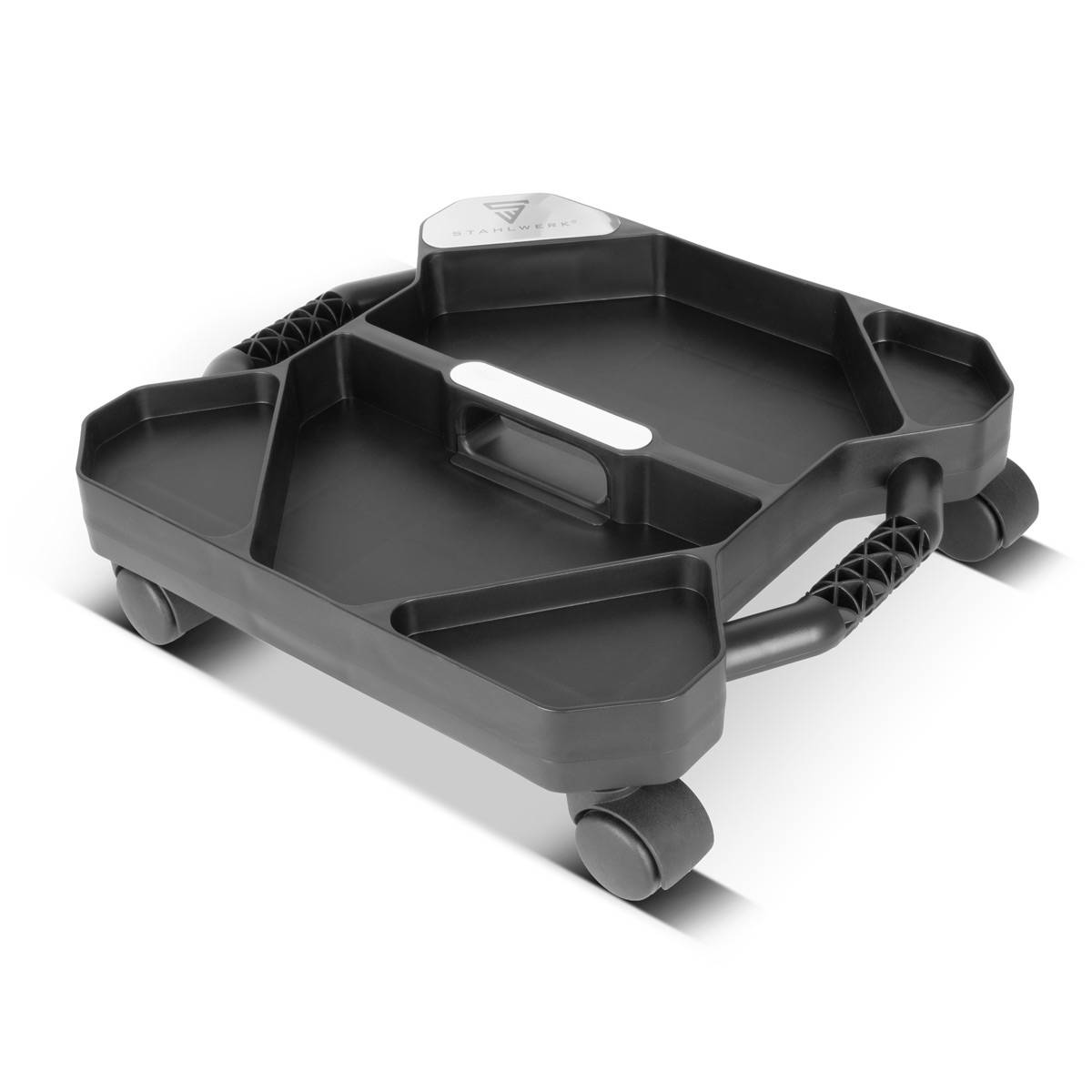 Ein schwarzes fahrbares Werkzeugwagen mit mehreren Fächern, einem zentralen Griff und vier Schwenkrollen für einfache Beweglichkeit.