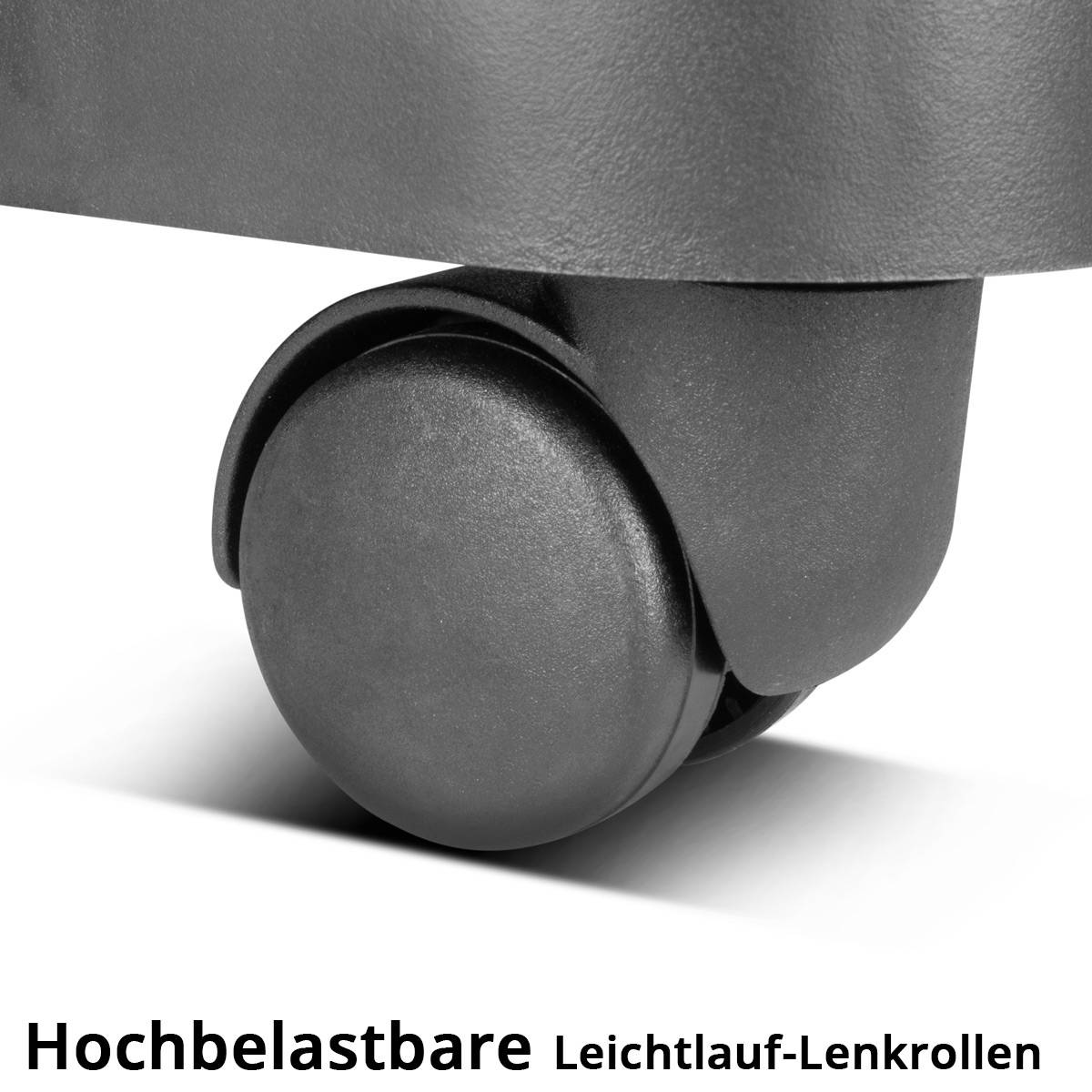 Eine Nahaufnahme einer schwerlastfähigen Lenkrolle auf einer glatten Oberfläche unter einem Möbelstück. Der Text lautet „Hochbelastbare Leichtlauf-Lenkrollen.