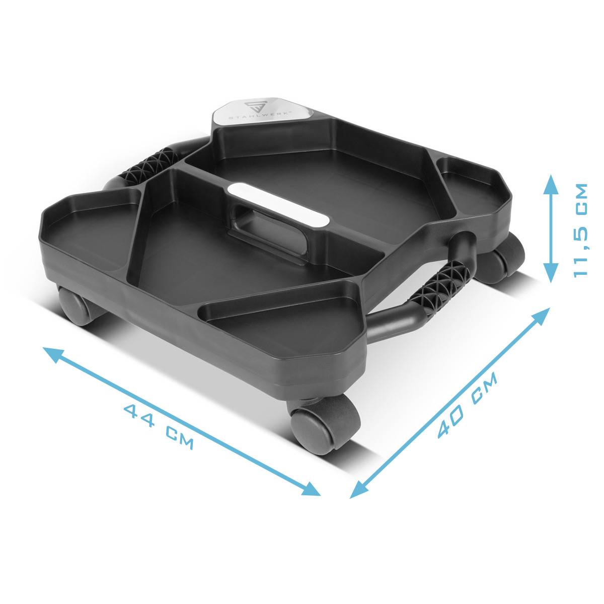 Ein rechteckiger, schwarzer Mechaniker-Kriecher mit vier Rädern und einem zentralen Griff, Abmessungen gekennzeichnet als 44 cm breit, 40 cm tief, 11,5 cm hoch.
