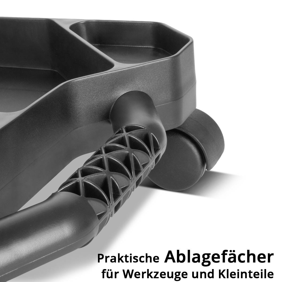 Ein schwarzes Lagerungstablett mit Fächern auf Rädern und der deutsche Text 'Praktische Ablagefächer für Werkzeuge und Kleinteile'.