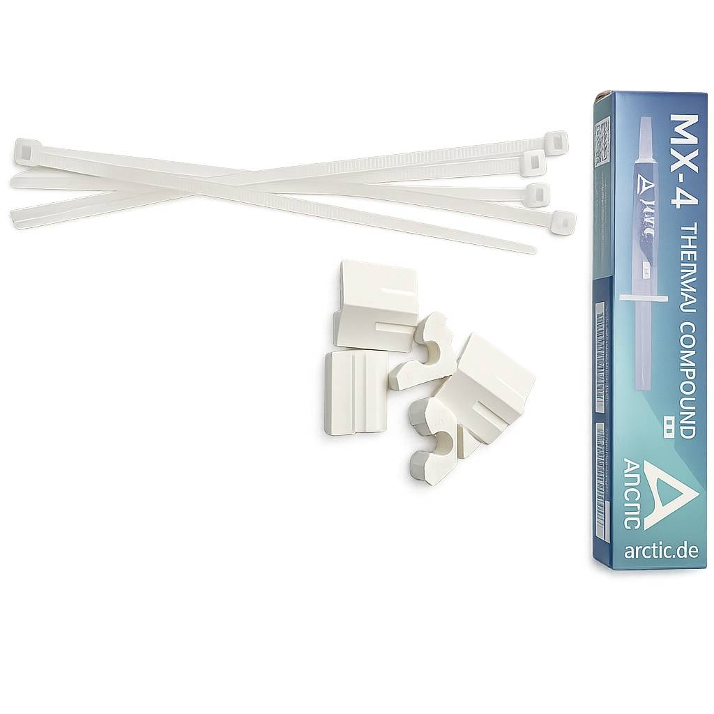MX-4 Wärmeleitpaste Packung mit vier Kabelbindern und weißen Befestigungsclips.