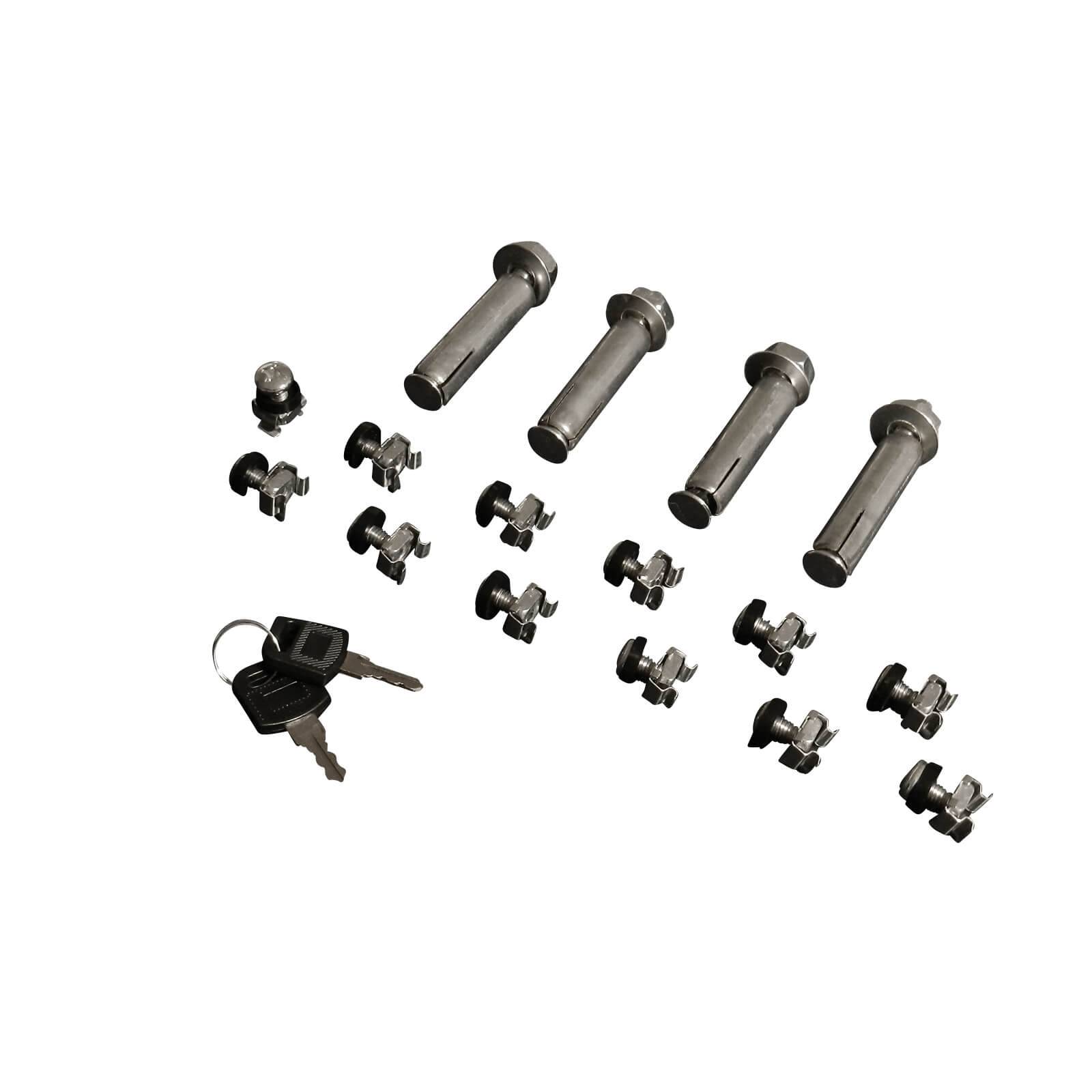 Satz von vier Metall-Kupplungsschlössern mit passenden Schlüsseln und Clips, zur Sicherung von Anhängern oder anderen an der Kupplung montierten Geräten.