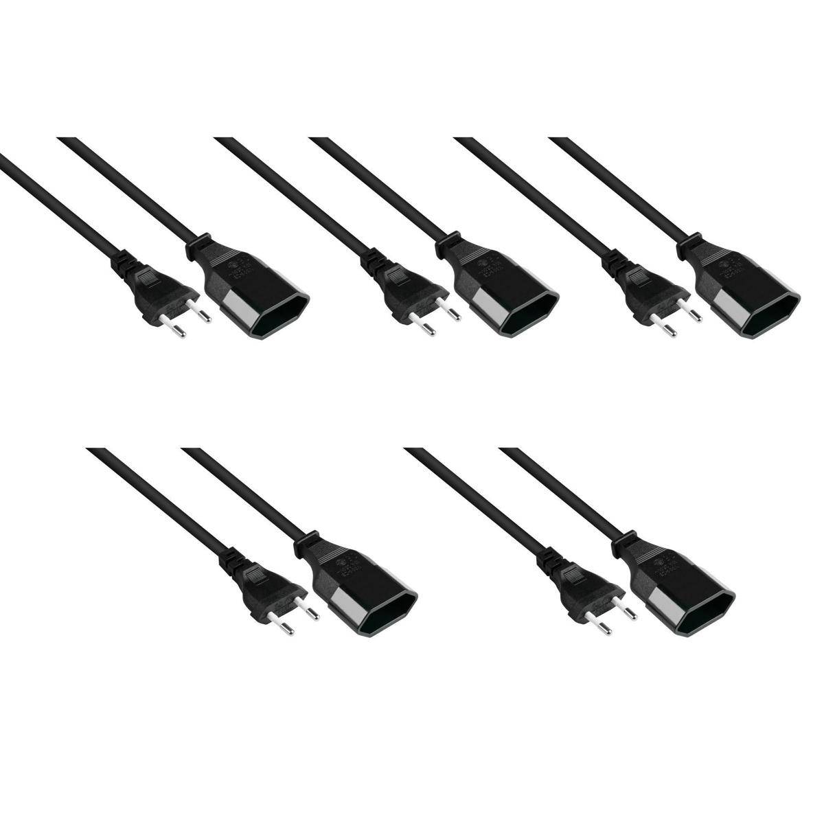 Fünf schwarze elektrische Stromkabel mit horizontal ausgerichteten Steckern, die sowohl Stecker- als auch Buchsenenden zeigen.