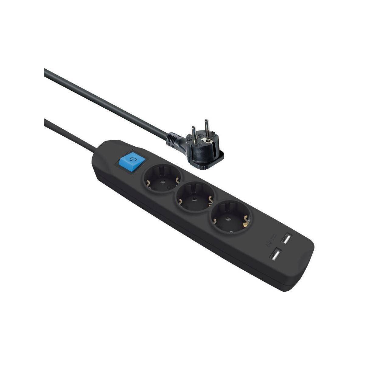 Eine schwarze Steckdosenleiste mit drei Steckdosen, einem blauen Netzschalter und zwei USB-Anschlüssen, angebracht an einem Kabel mit einem Stecker.
