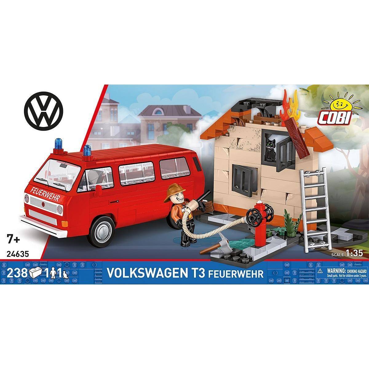 Ein Gebäude und rotes Spielzeugtransporter-Set mit der Bezeichnung „Volkswagen T3 Feuerwehr