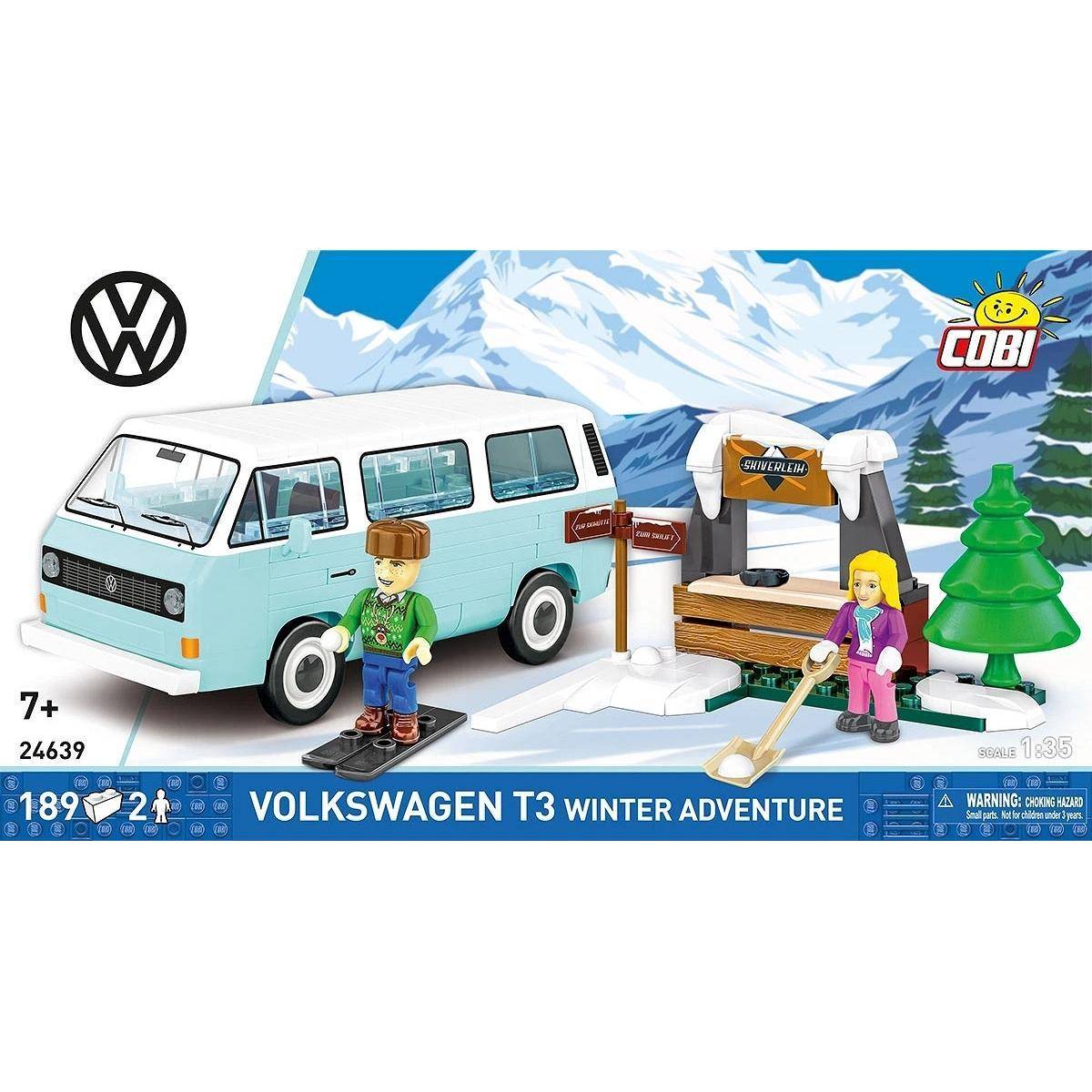 Ein Spielzeugset-Karton mit einem blauen VW T3-Bus und Charakteren in einer verschneiten Berglandschaft mit der Aufschrift „Volkswagen T3 Winterabenteuer
