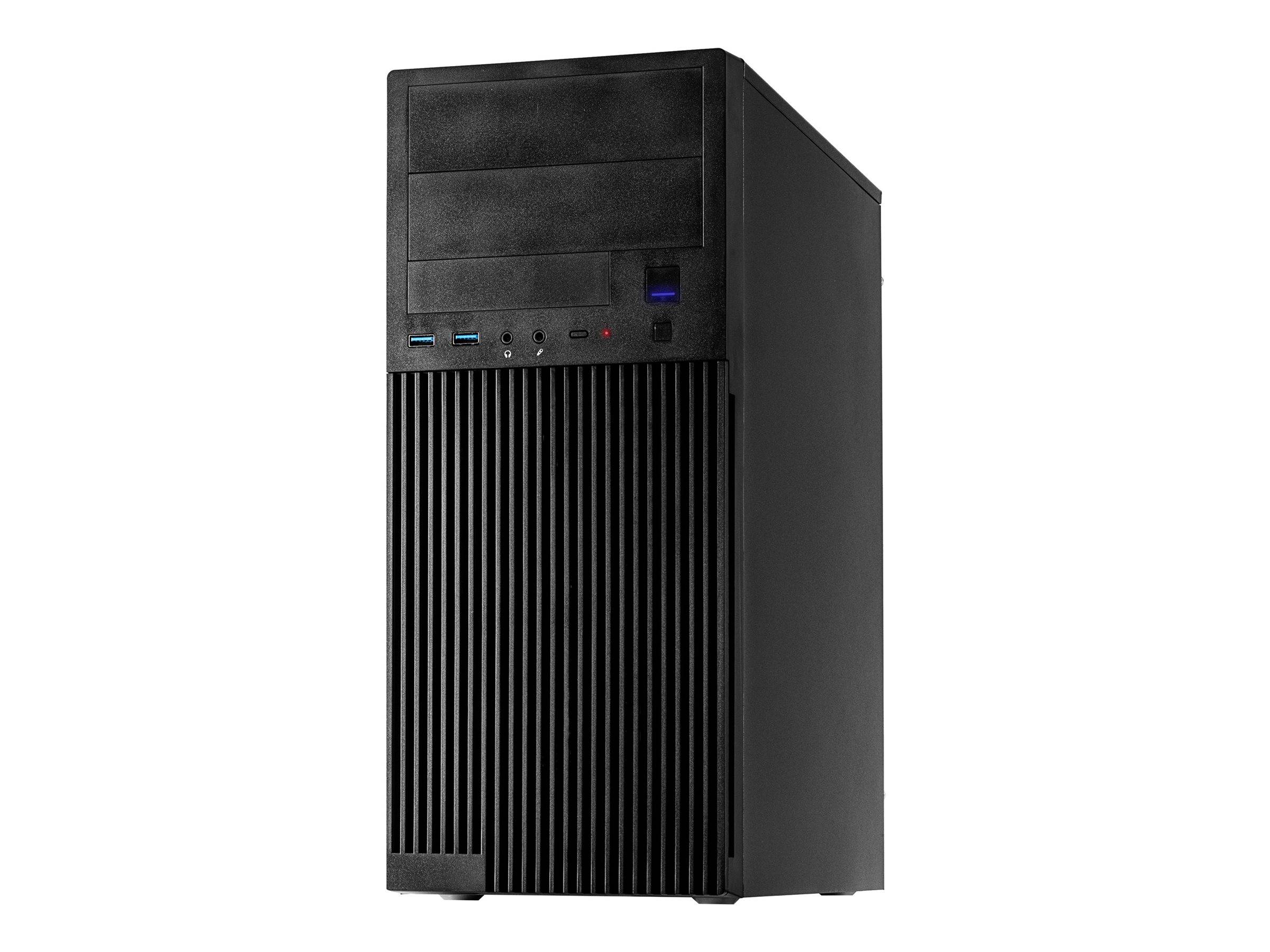 Schwarzes Desktop-Tower-Computergehäuse mit vorderen Laufwerkschächten, vertikalem Gitter und vorderen USB- und Audioanschlüssen auf weißem Hintergrund