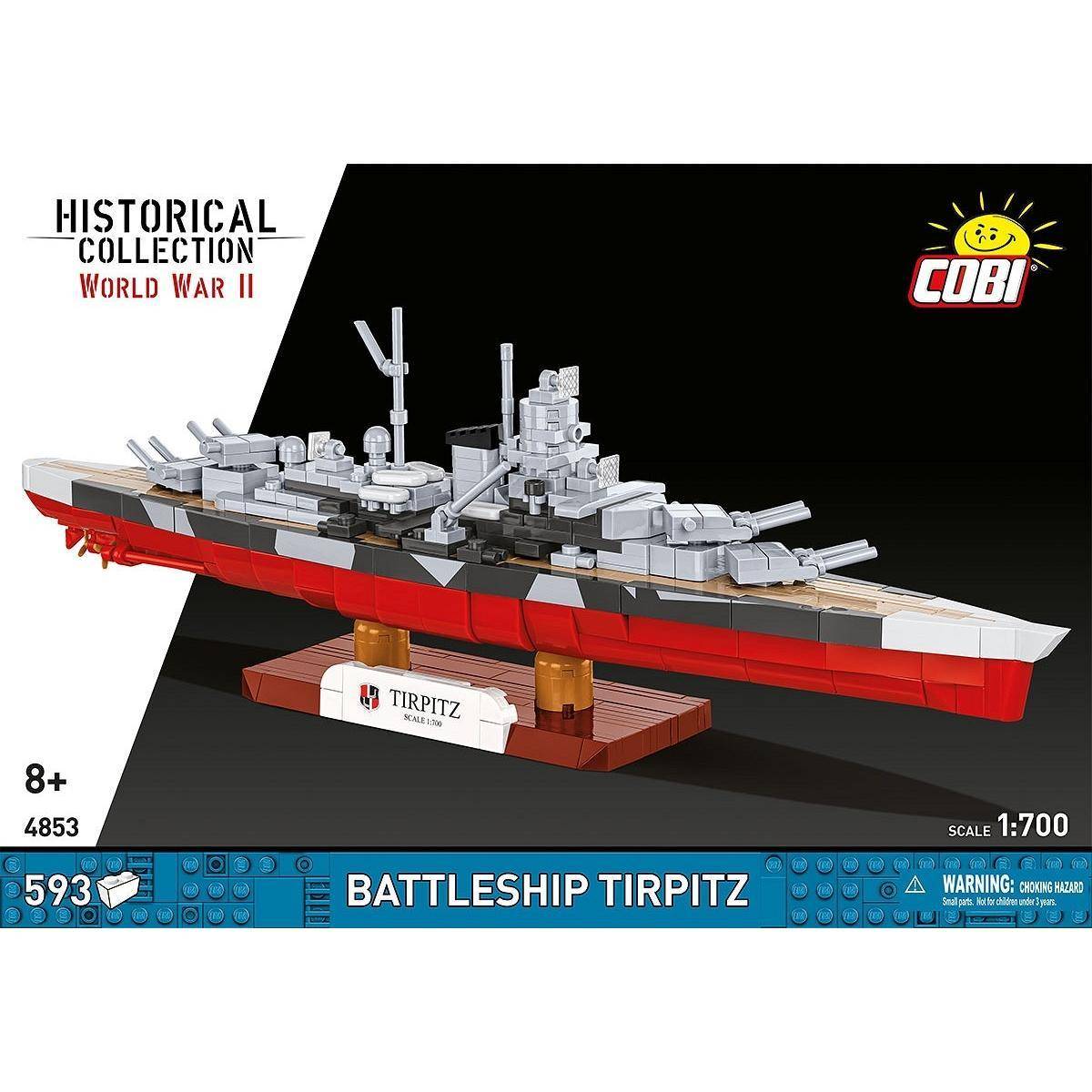 Das Bild zeigt ein Modellbausatz-Set eines Kriegsschiffs aus dem Zweiten Weltkrieg von COBI mit der Bezeichnung „Schlachtschiff Tirpitz