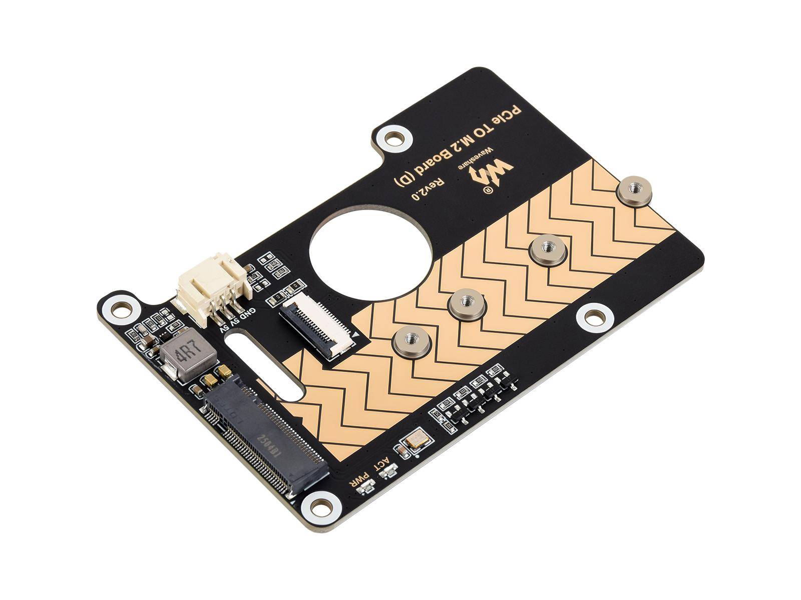 Eine schwarze Leiterplatte mit kupferfarbenen Zickzack-Leiterbahnen, einem Stecker und mehreren Komponenten. Geeignet für elektronische Prototypenentwicklung und Integration.