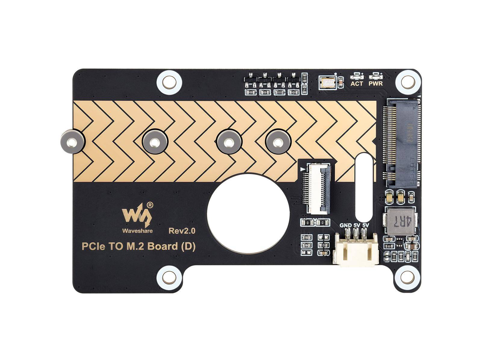 Waveshare PCIe zu M.2 Board (D) Rev2.0 Leiterplatte mit Zickzackmuster, mehreren Steckplätzen und Anschlüssen. Entwickelt für Konnektivität.