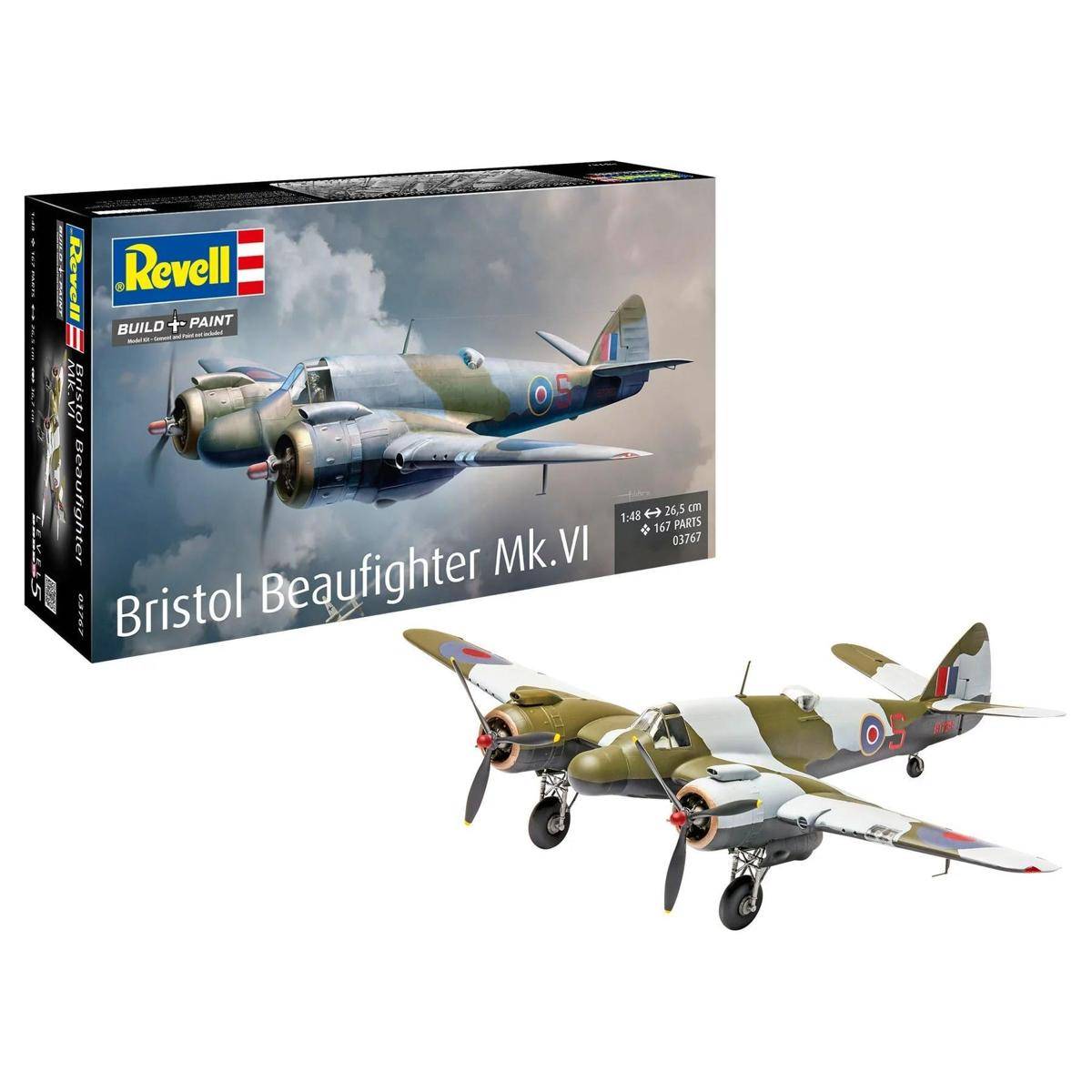 Revell Modellbausatz-Schachtel zeigt ein Bristol Beaufighter Mk.VI Flugzeug in Grau und Weiß mit Tarnmuster und ein zusammengebautes Modell davor.