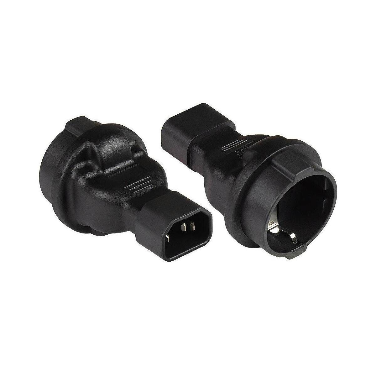 Zwei schwarze Stromstecker mit dreipoligen Steckern, die sowohl Front- als auch Seitenansicht vor weißem Hintergrund zeigen.