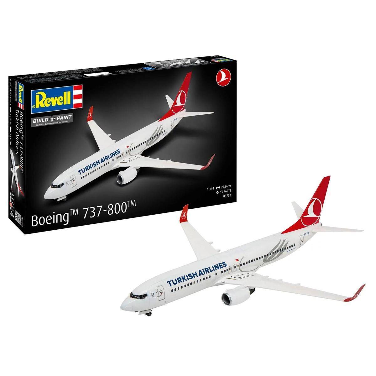 Modellflugzeugbausatz mit Schachtel und fertiges Modell eines Boeing 737-800 mit Turkish Airlines-Branding. Die Schachtel zeigt Montagedetails.